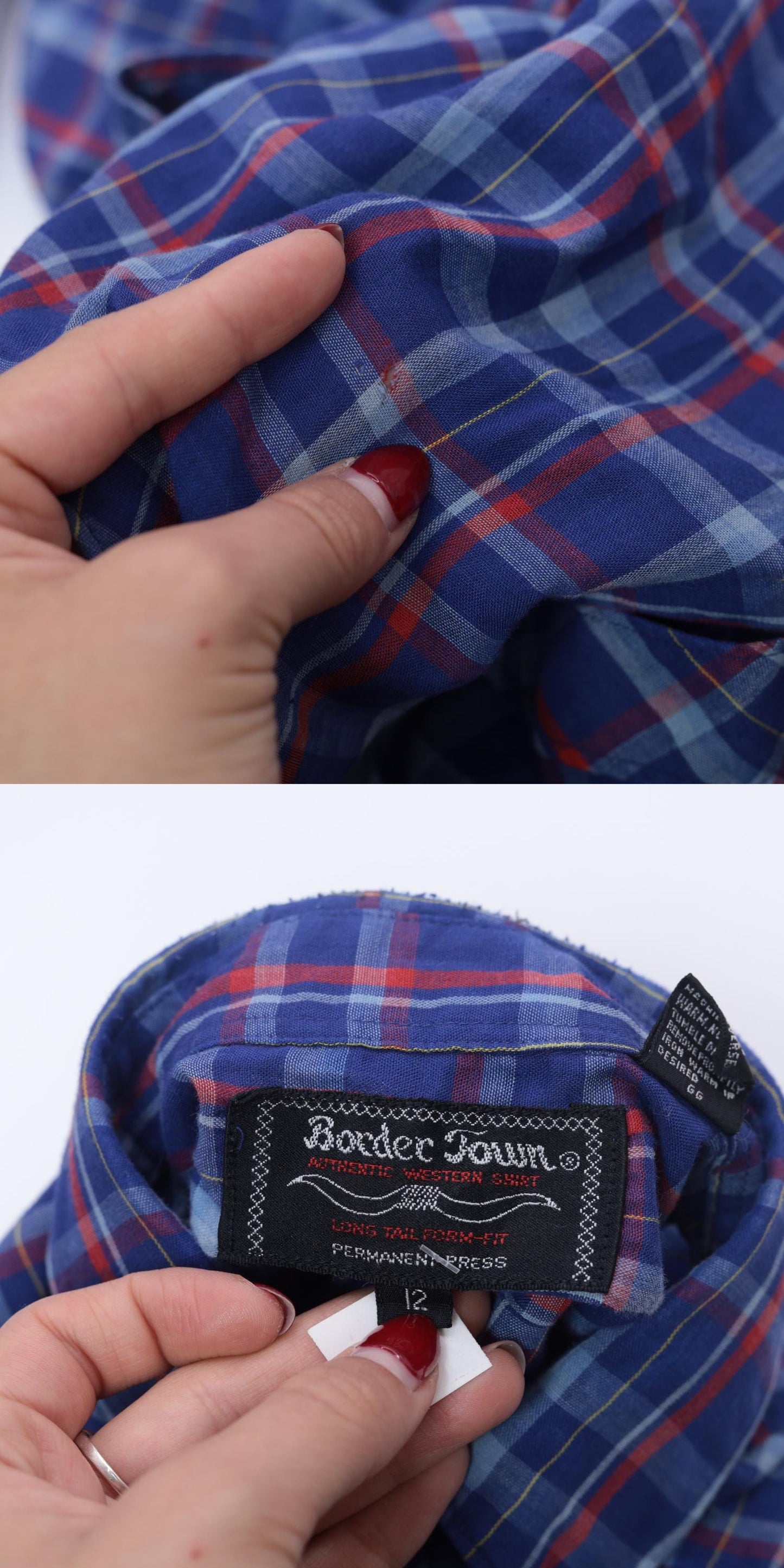 80s Royal Blue Red Plaid Western Shirt Pearl Snap Long Sleeve Extra Small XS