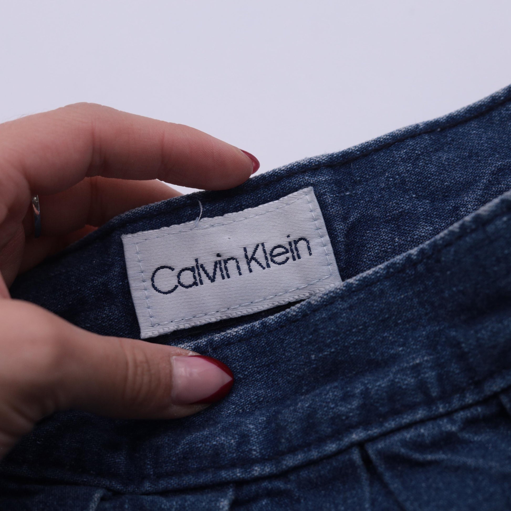 80s Calvin Klein Medium Blue Denim Midi Skirt High Waisted Pleated A-Line Small