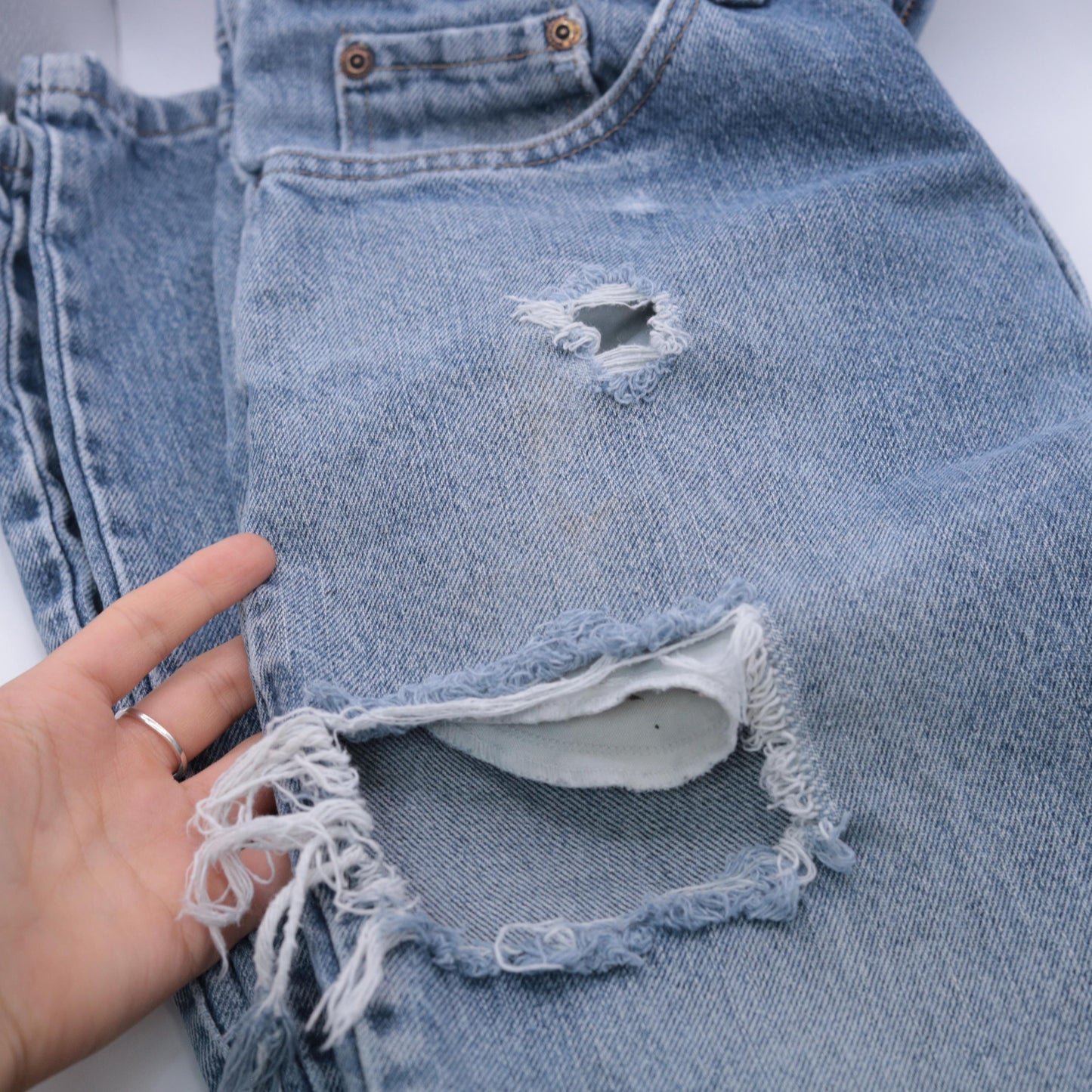 90s Wrangler High Waisted Straight Leg Jeans Blue Distressed Rips 30x32