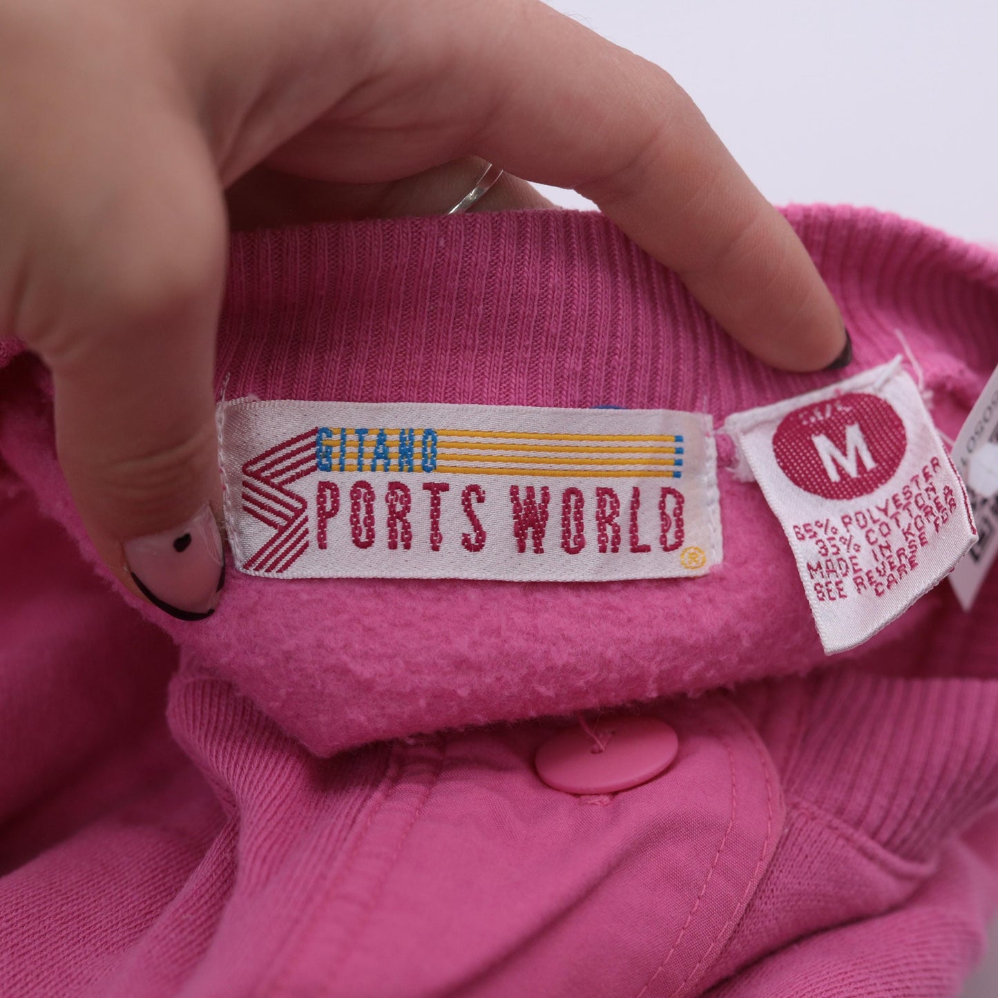 90s Pink Henley Button Neck Sweatshirt Ribbed Cuffs Medium M