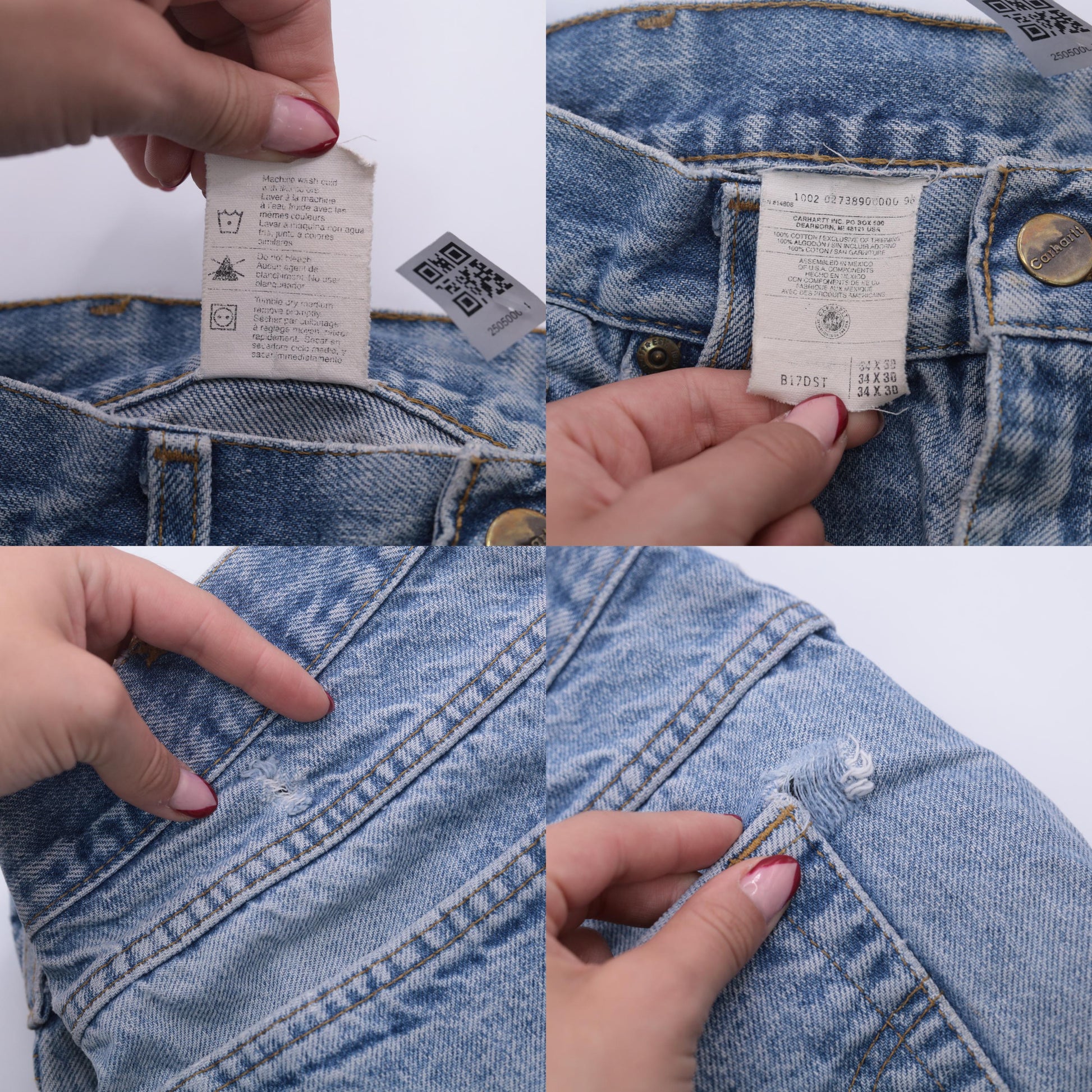 90s Carhartt Distressed Denim Jeans High Rise Straight Leg Blue 33x30
