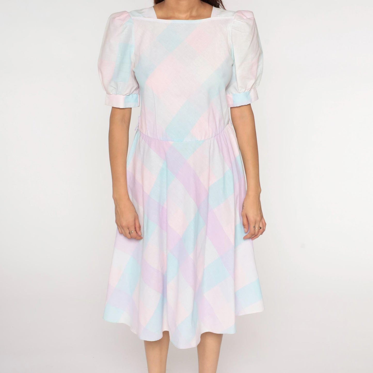 80s Pastel Checkered Puff Sleeve Midi Dress High Waist Pink Purple Blue Medium M