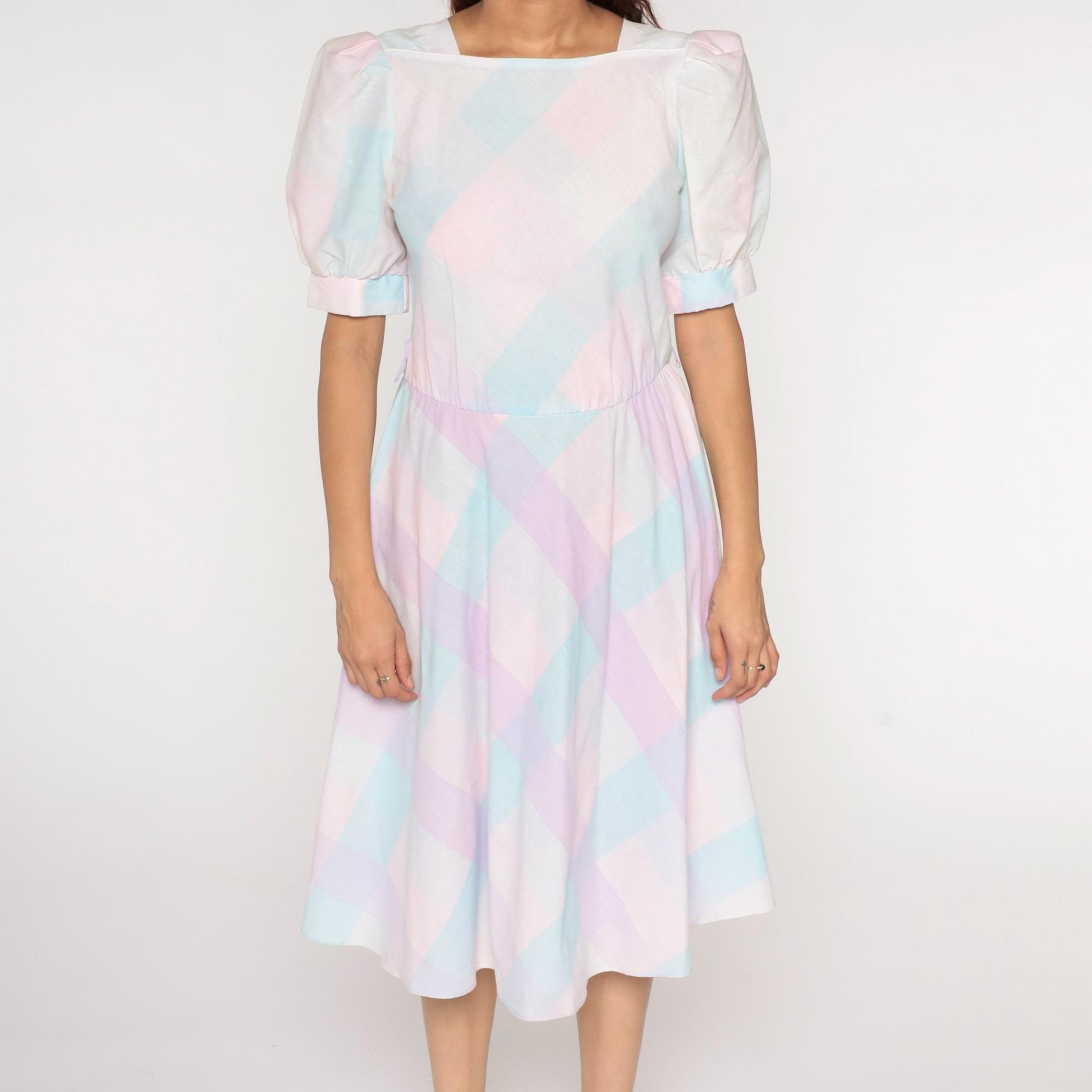 80s Pastel Checkered Puff Sleeve Midi Dress High Waist Pink Purple Blue Medium M