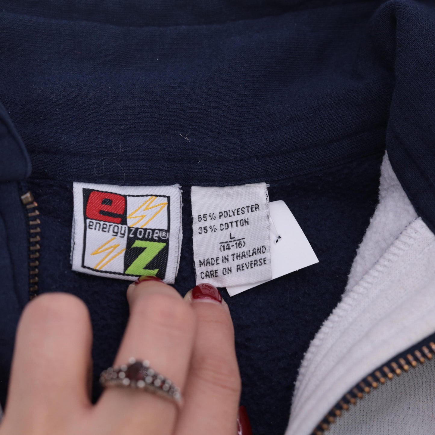 90s Color Block Quarter Zip Sweatshirt Grey Navy Red Striped Large L