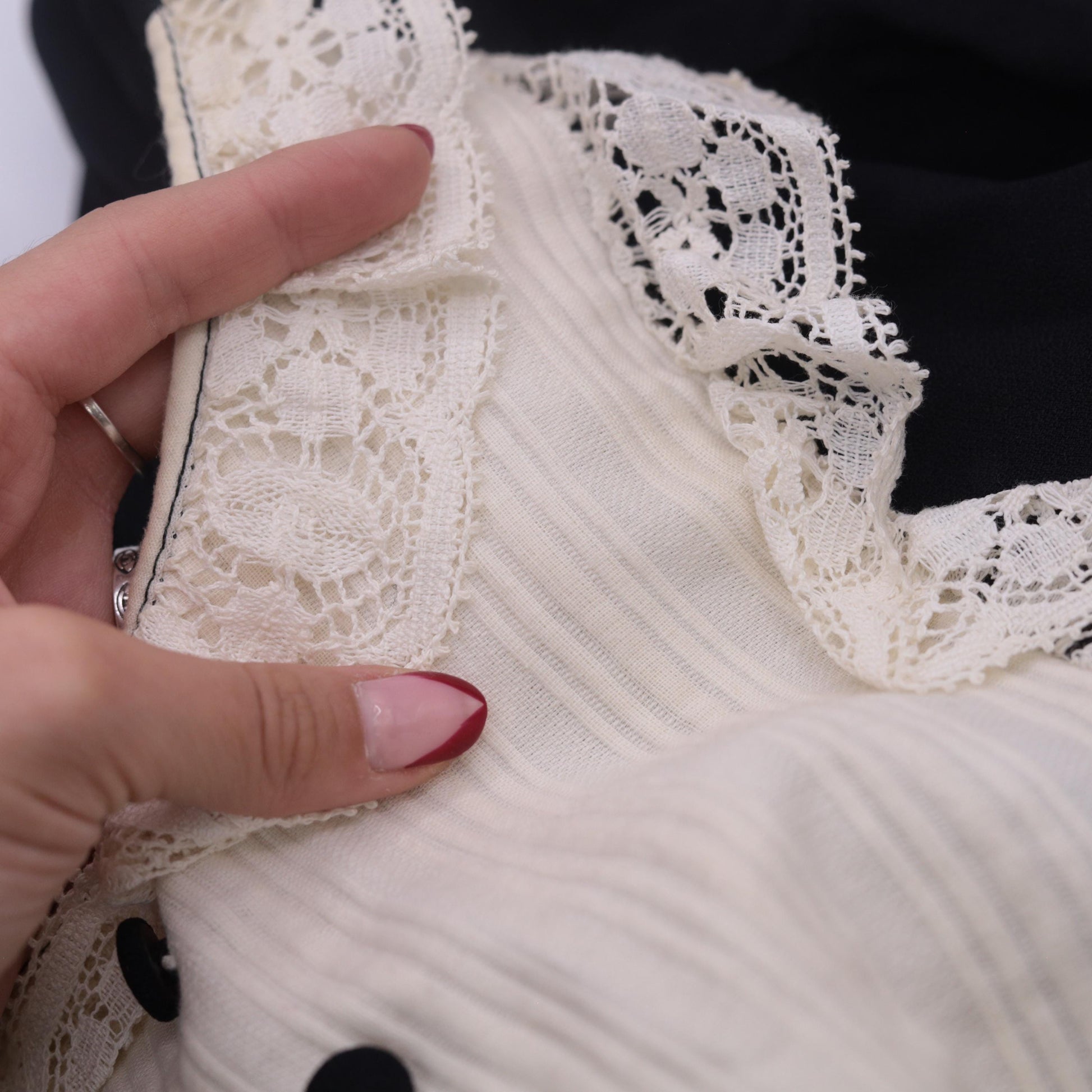 60s Black Babydoll Mini Dress White Lace Bib Long Sleeve Medium