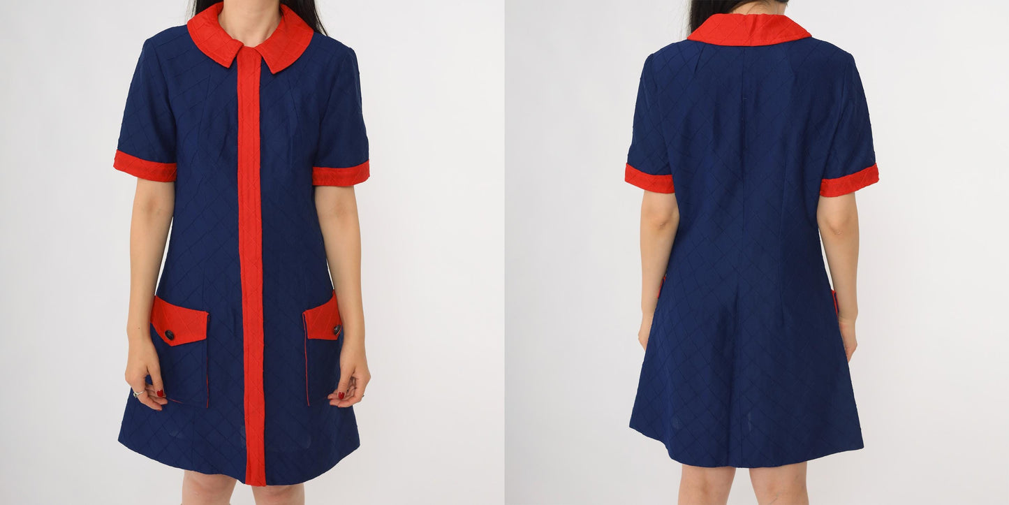 60s Mod Mini Dress Navy Red Colorblock Peter Pan Collar Shift Medium M