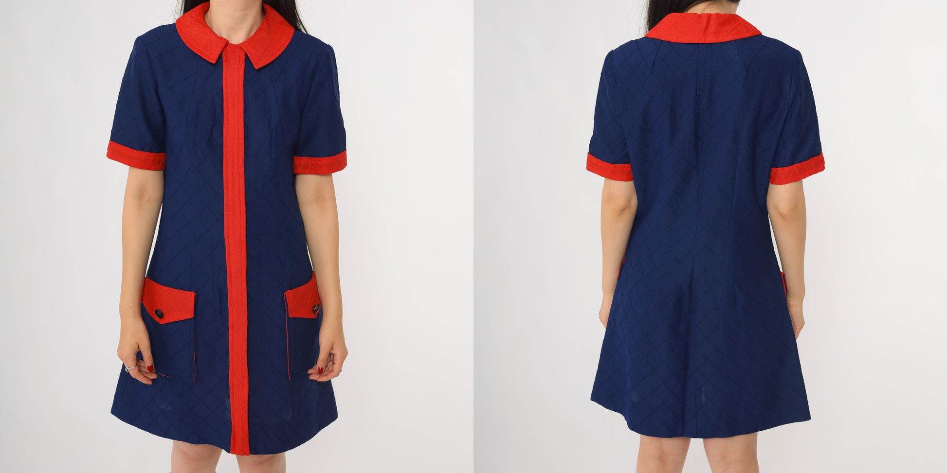 60s Mod Mini Dress Navy Red Colorblock Peter Pan Collar Shift Medium M