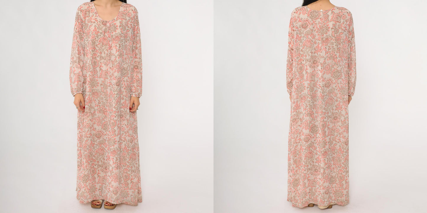 70s Paisley Floral Maxi Dress Pink Brown Long Sleeve Caftan V-Neck Medium Large