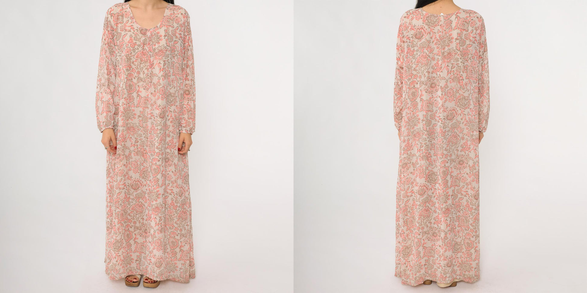 70s Paisley Floral Maxi Dress Pink Brown Long Sleeve Caftan V-Neck Medium Large