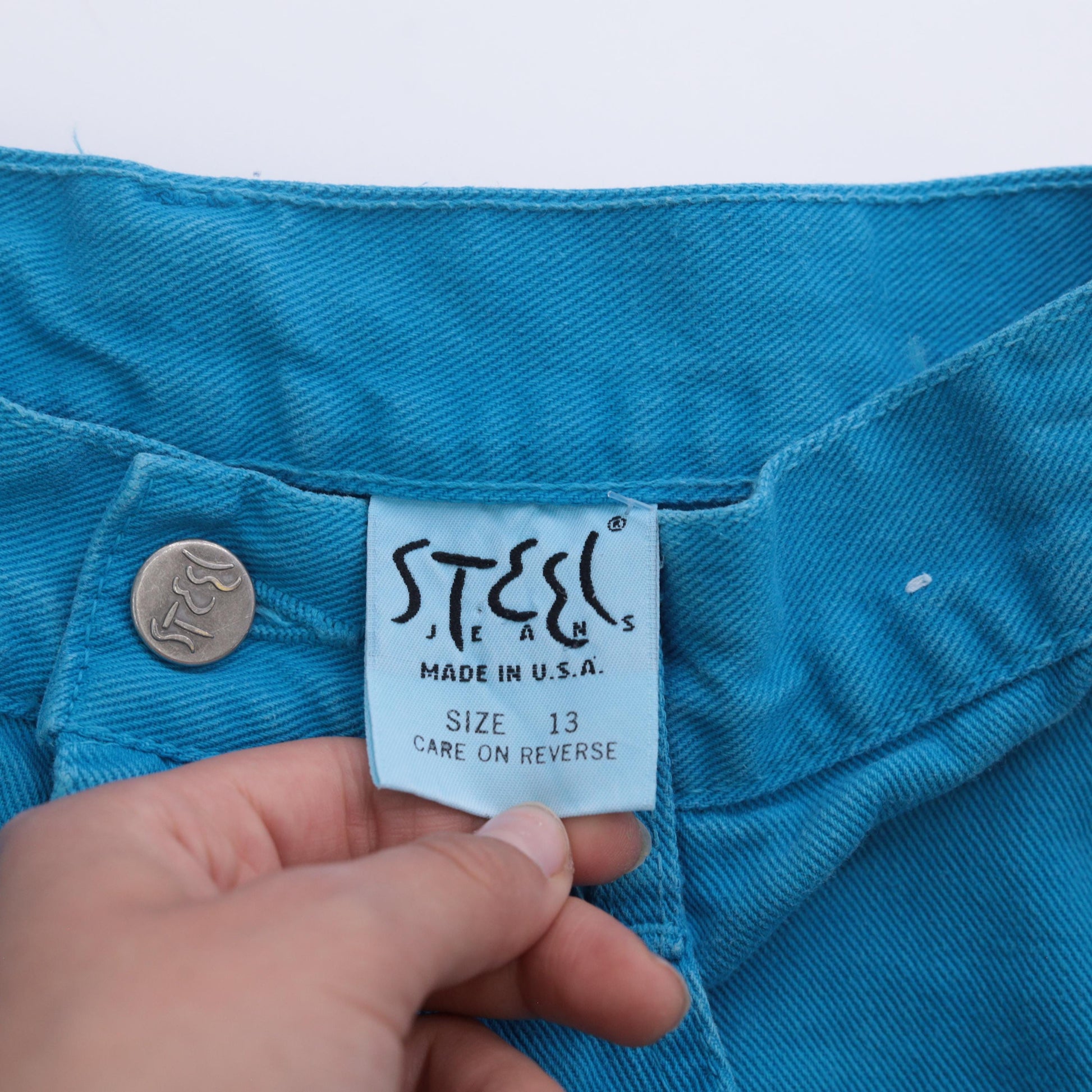 90s Steel Jeans Turquoise Denim Mini Skirt High Waisted A-Line Size 13