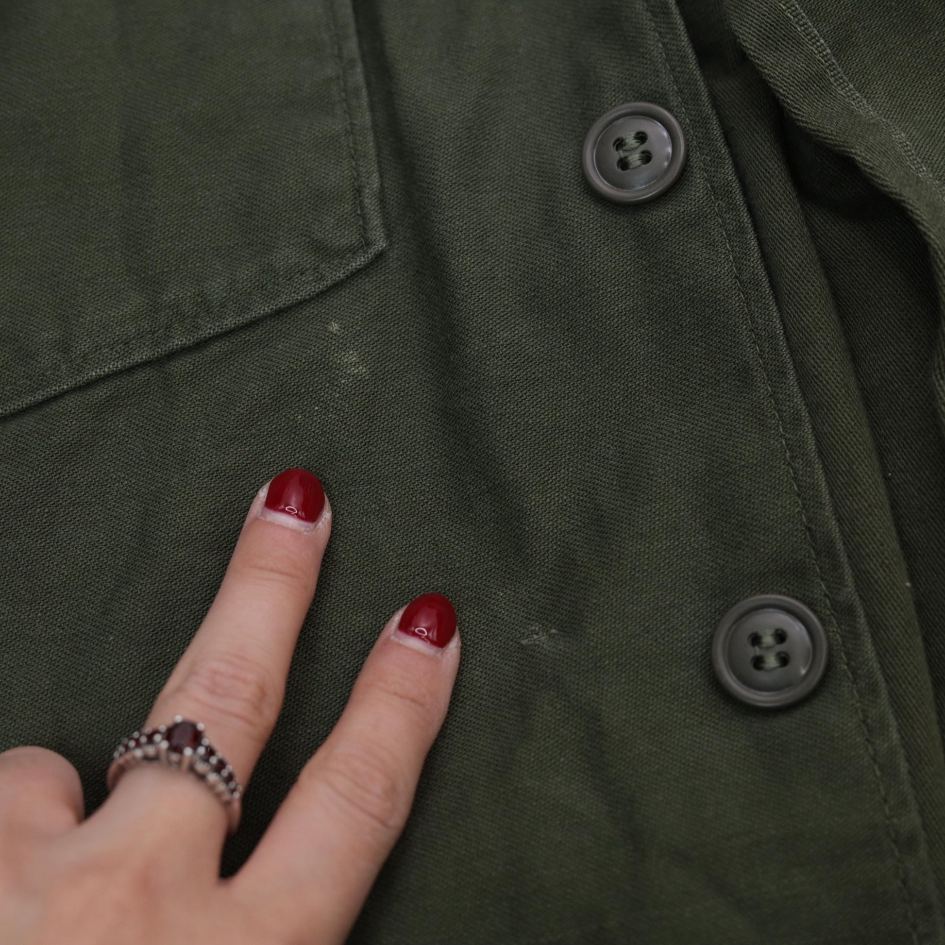 80s Army Green Military Utility Button-Down Shirt Cotton Sateen Small