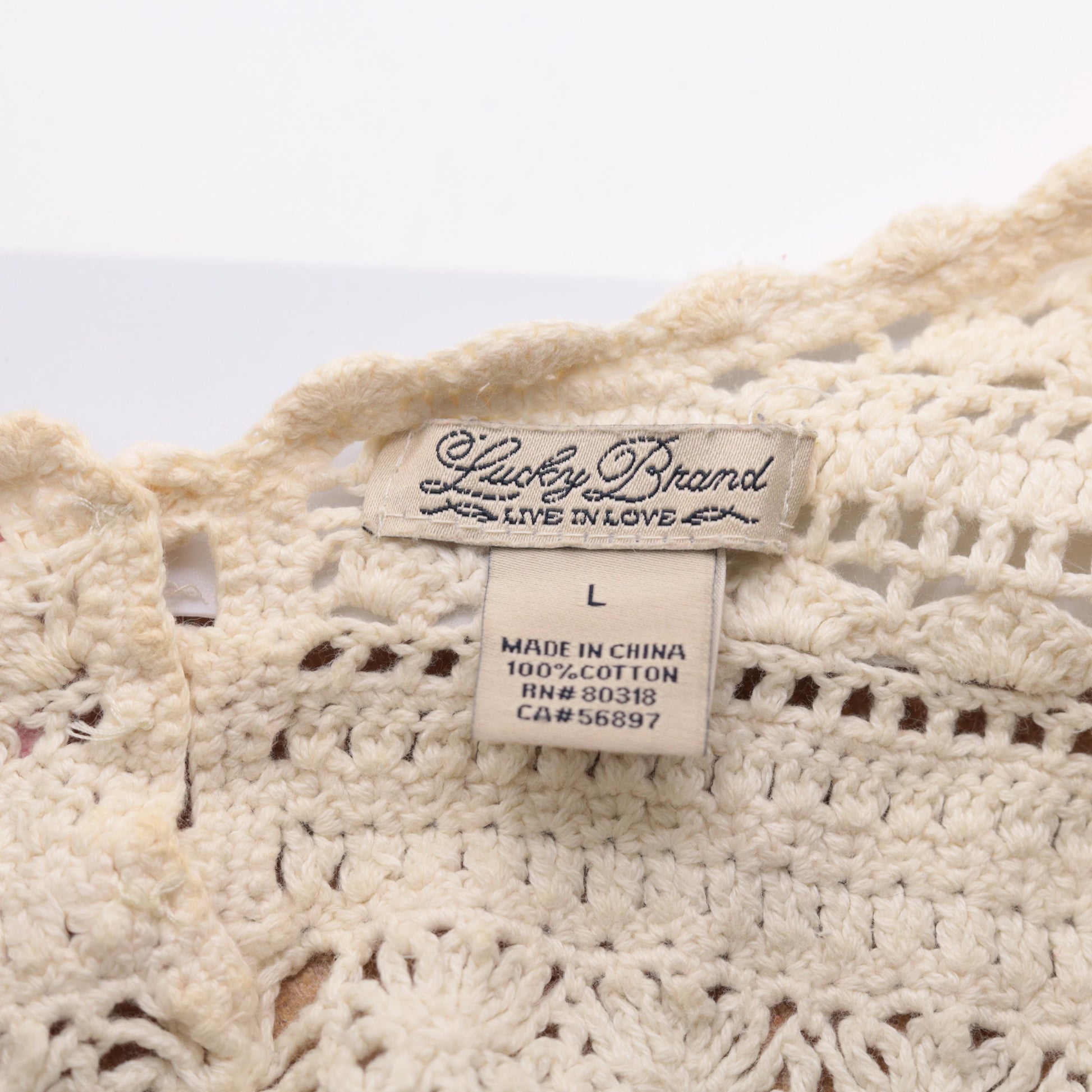 00s Lucky Brand Crochet Long Sleeve Top Cream Sheer Cutout Large L