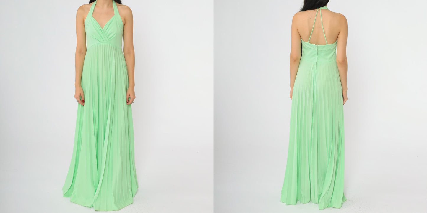70s Lime Green Halter Maxi Dress Pleated V-Neck Floor-Length Small