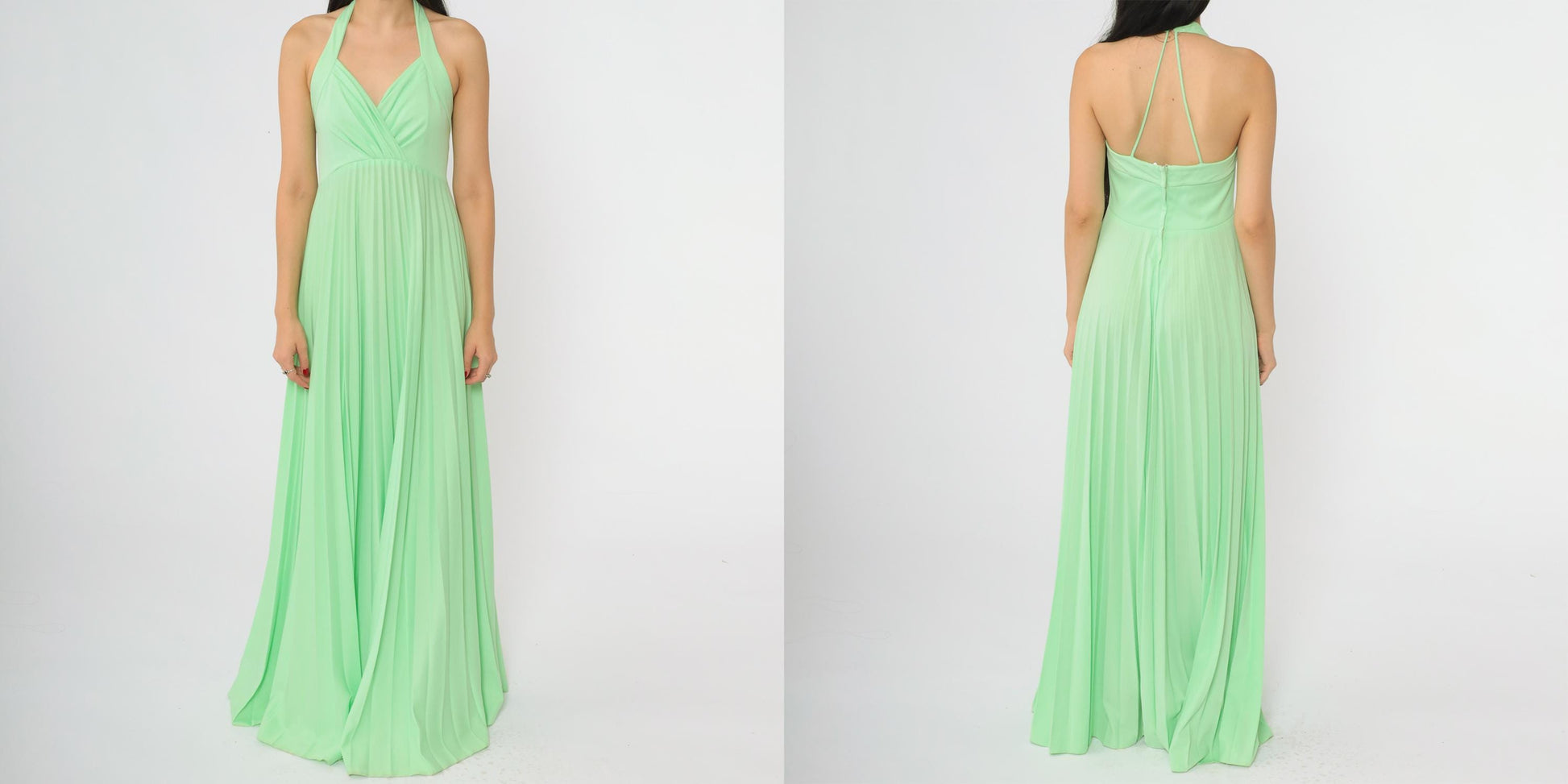 70s Lime Green Halter Maxi Dress Pleated V-Neck Floor-Length Small