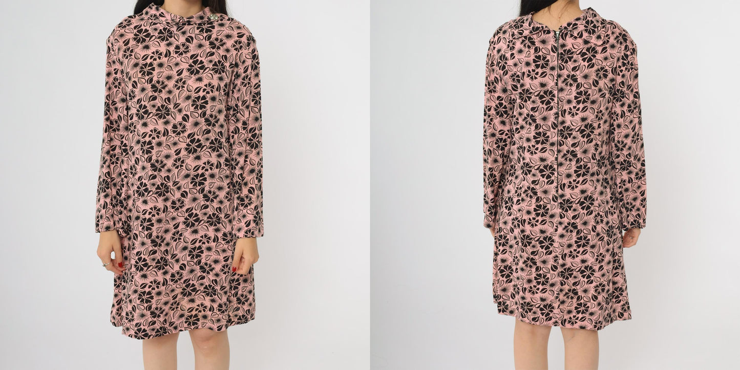 60s Pink Floral Mod Mini Dress Long Sleeve A-Line Shift Large L