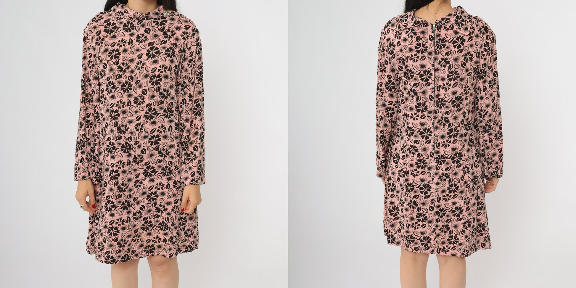 60s Pink Floral Mod Mini Dress Long Sleeve A-Line Shift Large L