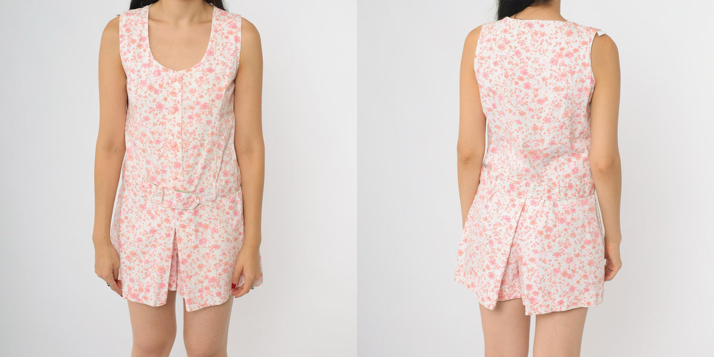 60s Pink Floral Romper Sleeveless Button Front Tie Belt Mini Playsuit Small
