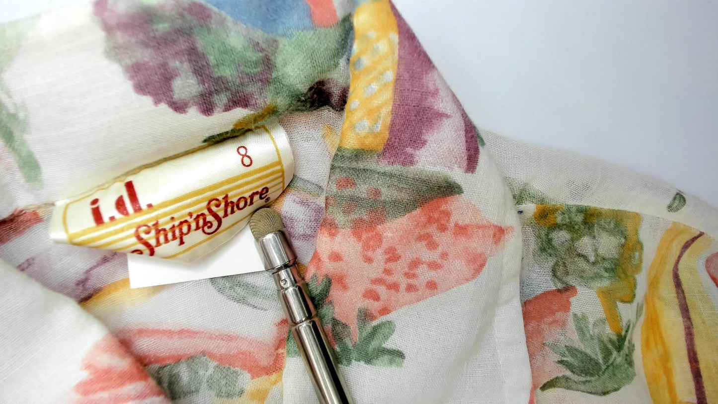 70s Ship N Shore Watercolor Landscape Blouse Sheer Button Up Small