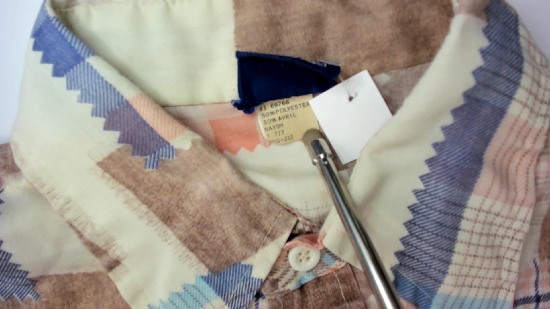 70s Patchwork Button Up Shirt Fabric Swatch Quilt Print Coral Blue Brown Large