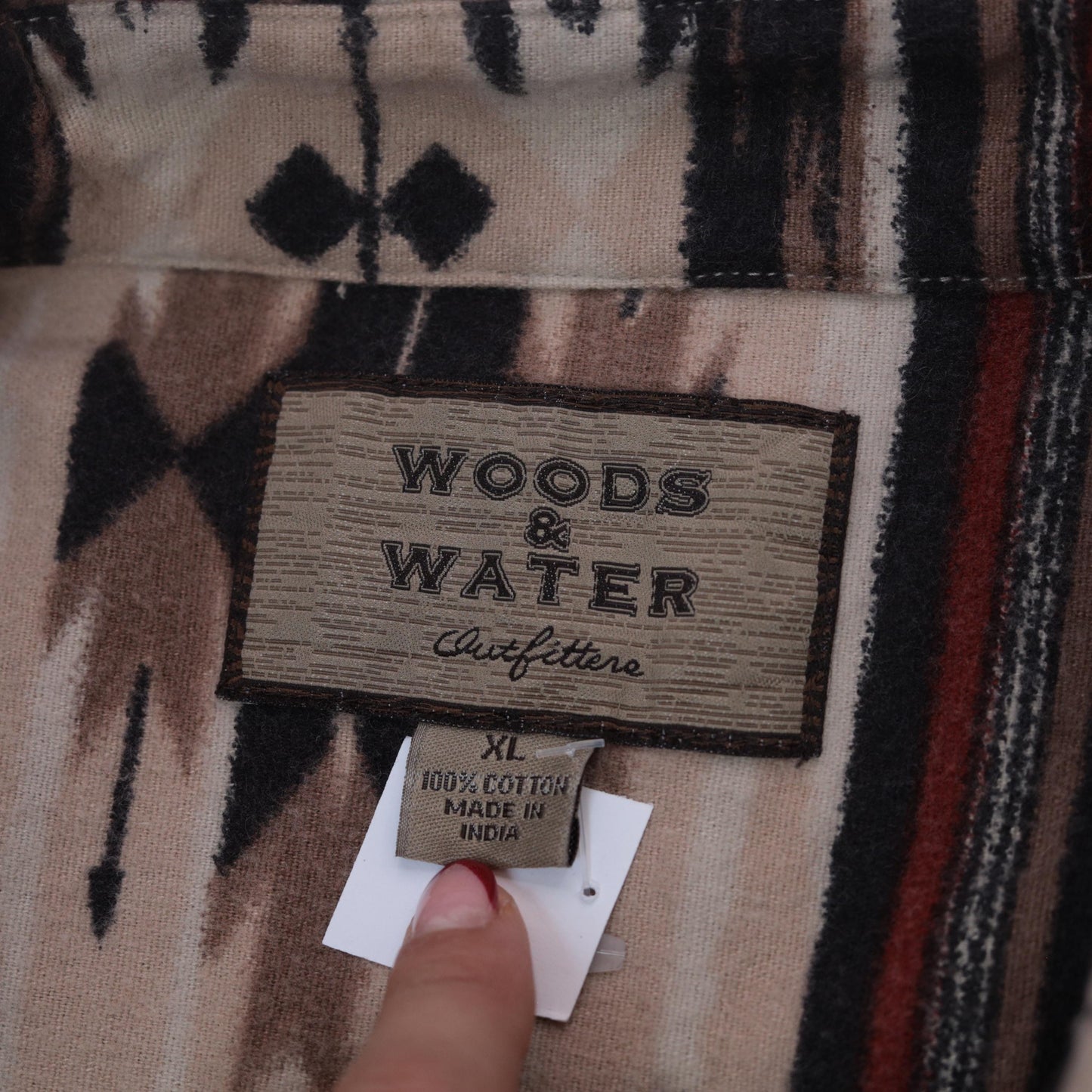 Y2K Woods & Water Southwestern Flannel Shirt Beige Black Red Tribal Button Down Extra Large XL