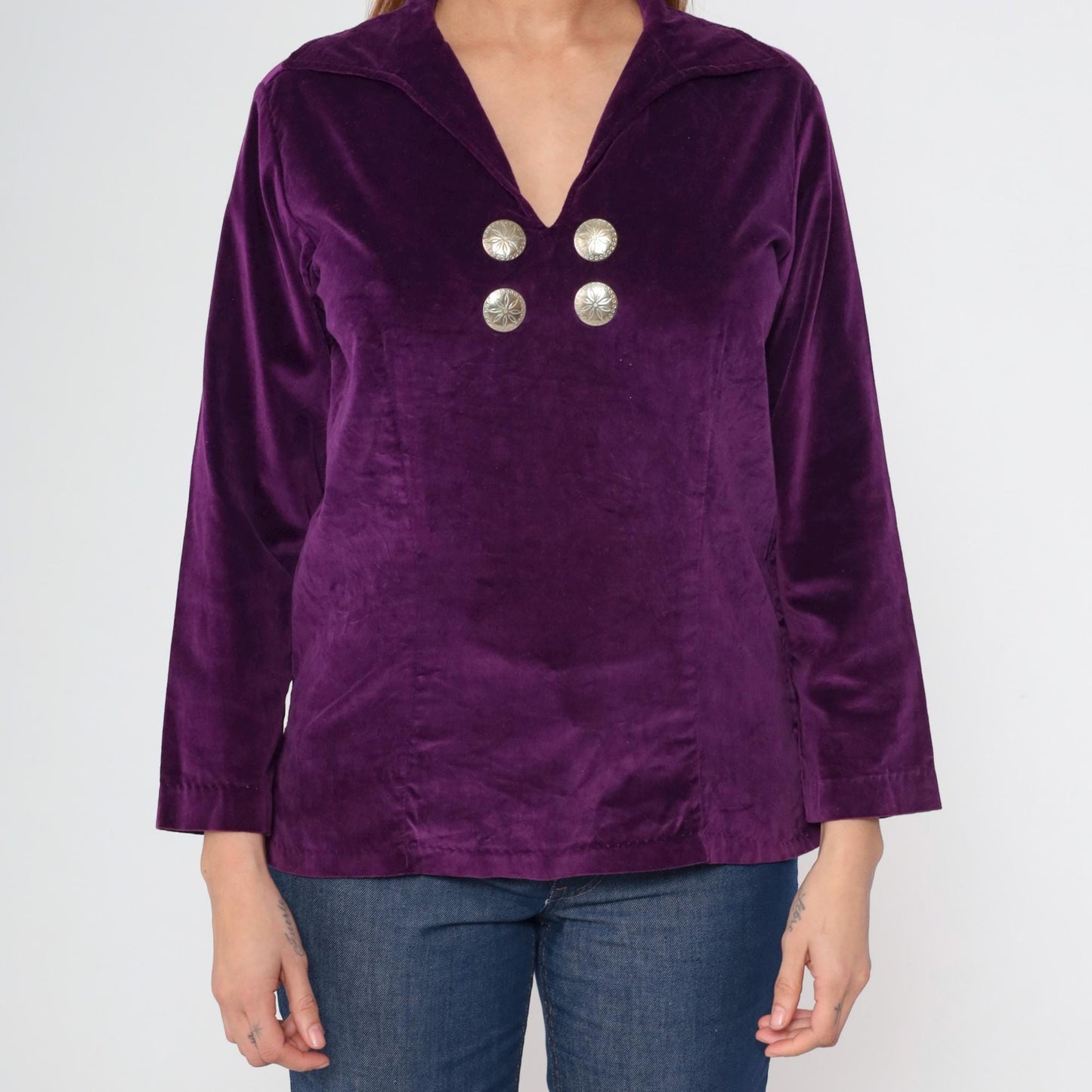 70s Purple Velvet Blouse V Neck Long Sleeve Silver Buttons Medium M