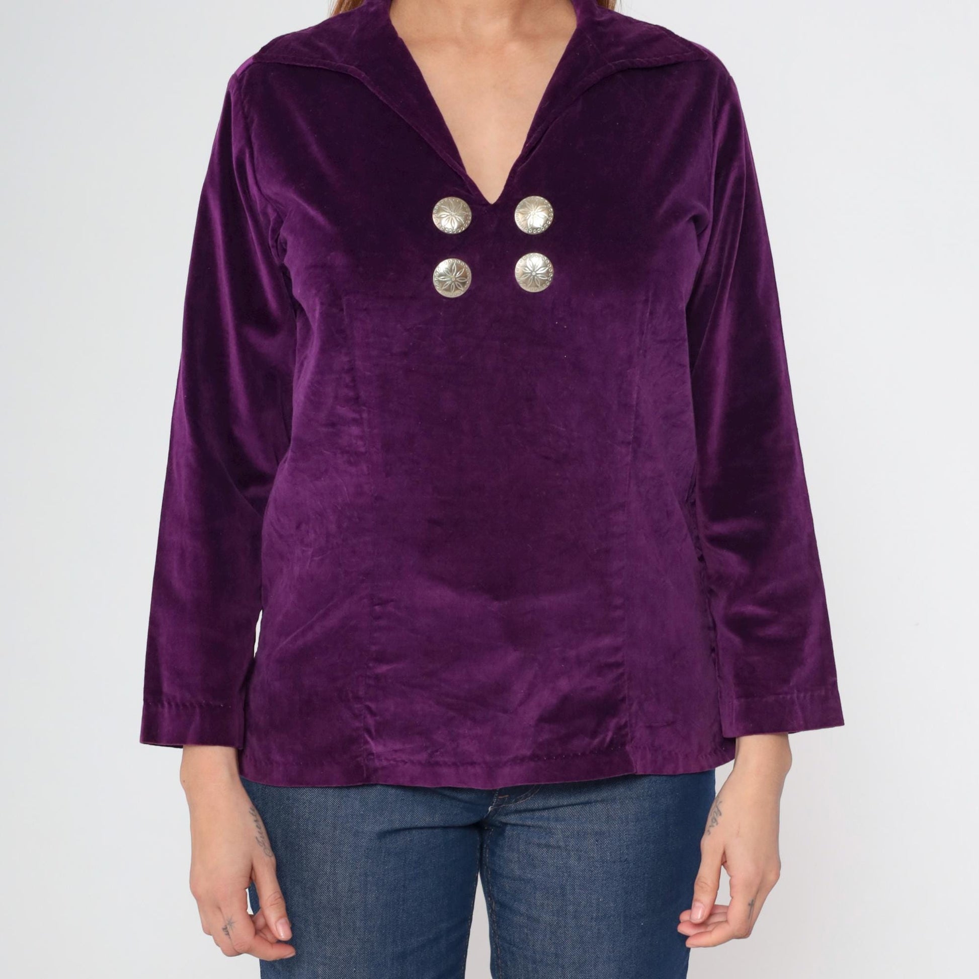 70s Purple Velvet Blouse V Neck Long Sleeve Silver Buttons Medium M
