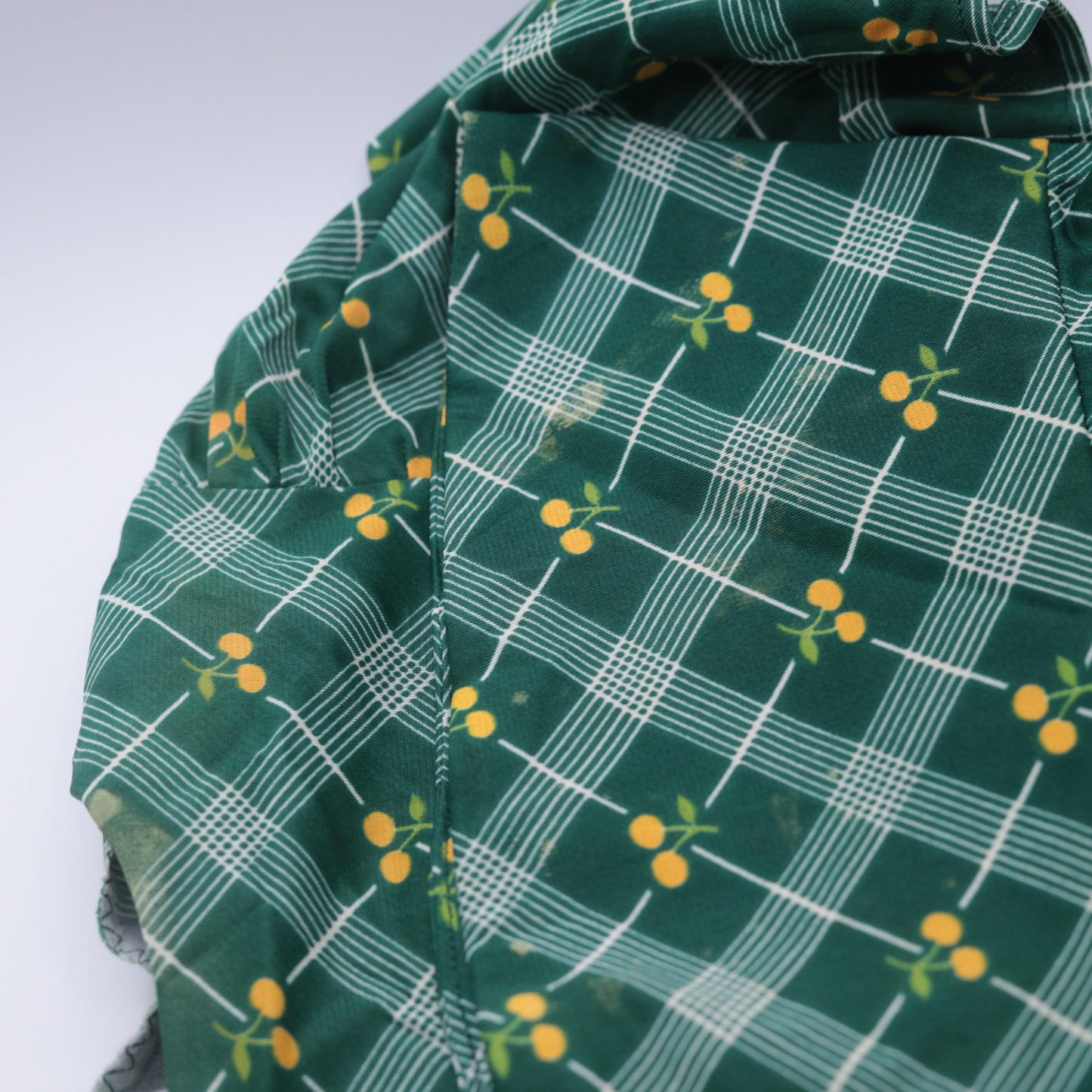70s Green Argyle Cherry Print Blouse Flutter Sleeve Small S