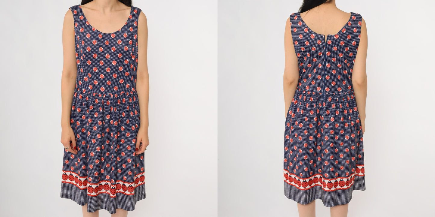60s Navy Ladybug Polka Dot A-Line Dress Sleeveless Scoop Neck Medium