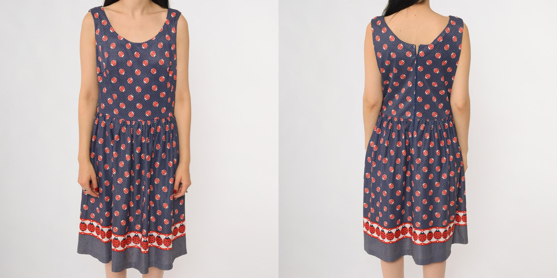 60s Navy Ladybug Polka Dot A-Line Dress Sleeveless Scoop Neck Medium