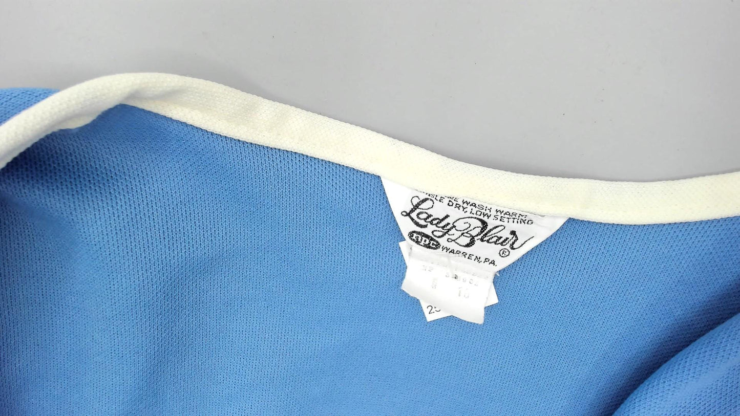 70s Lady Blair Blue Jacket White Piping Open Front Long Sleeve Medium