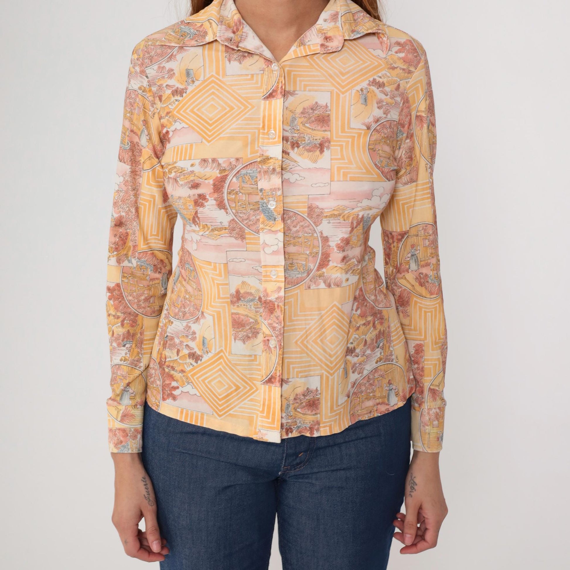 70s Scenic Toile Button-Up Shirt Orange Pink Pastoral Print Small S