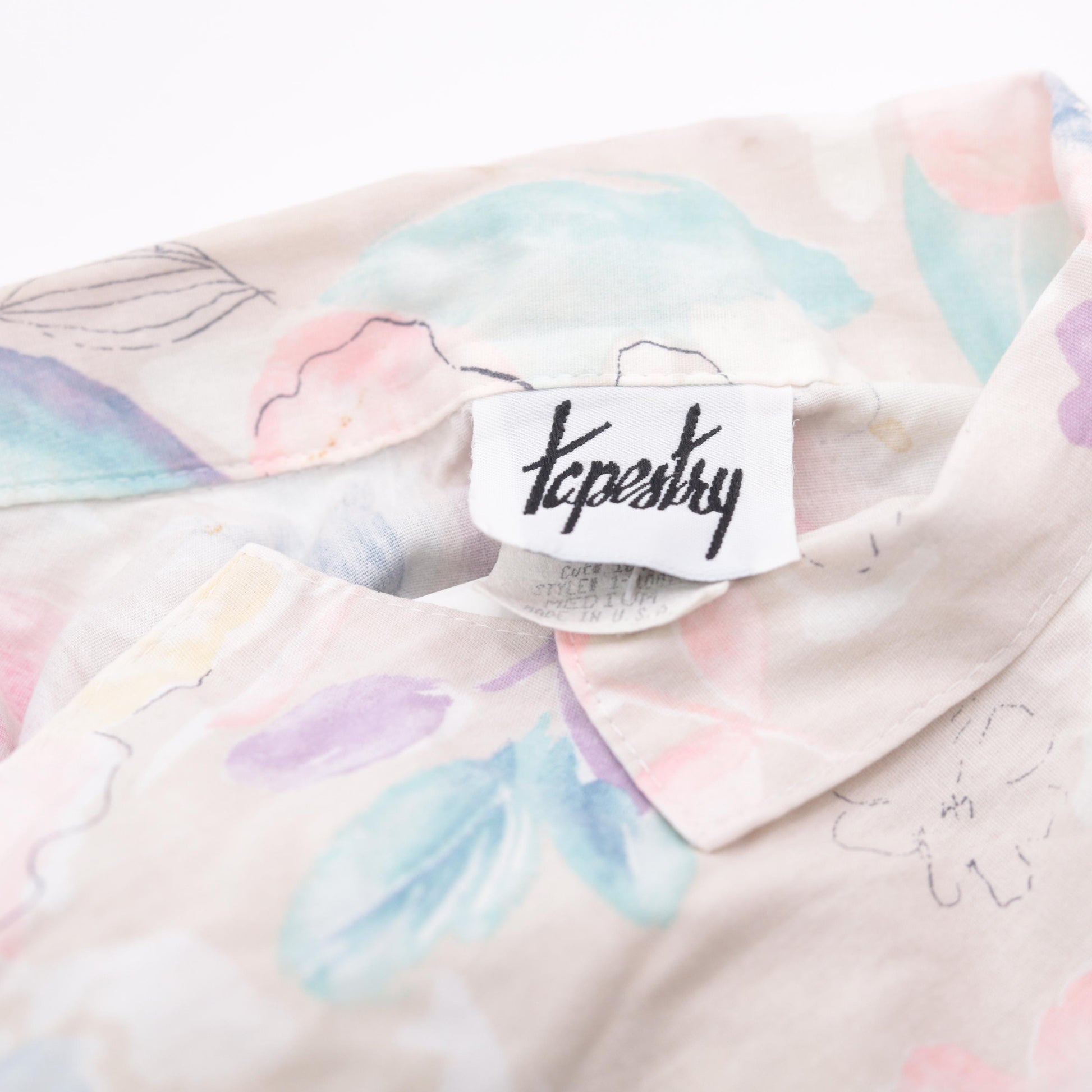 1990s Tapestry Pastel Floral Cotton Button-Up Shirt Short Sleeve Medium