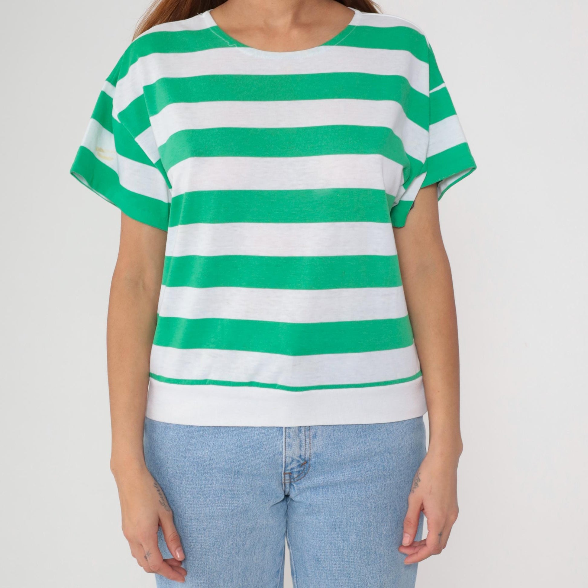 80s Striped T-Shirt White Green Crew Neck Short Sleeve Cotton Medium