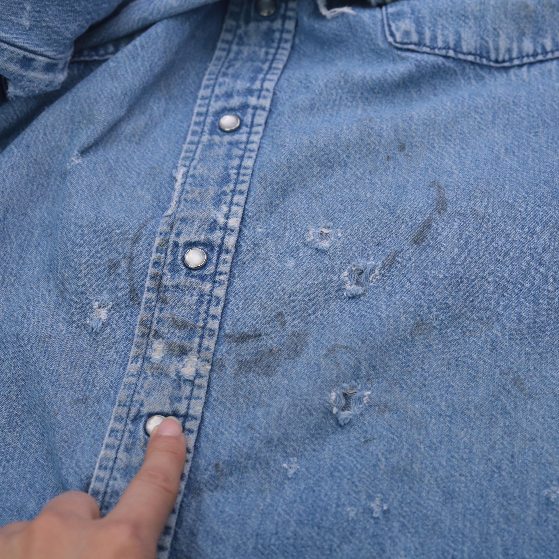 90s Osh Kosh B'Gosh Denim Shirt Distressed Ripped Frayed Blue Medium