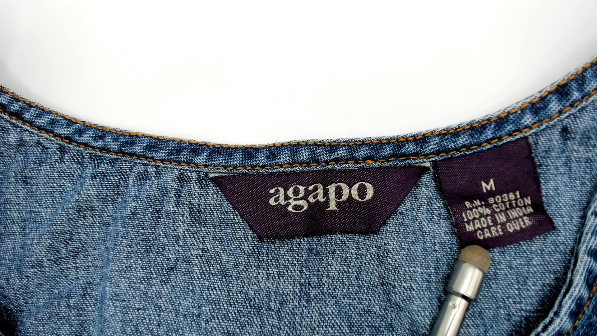 90s Agapo Denim Jumper Dress Blue Cotton Ankle Length Sleeveless Medium M