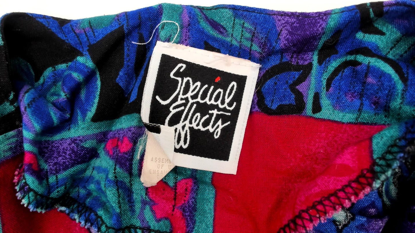 90s Patchwork Button Blouse Abstract Geometric Print Cropped Long Sleeve Medium