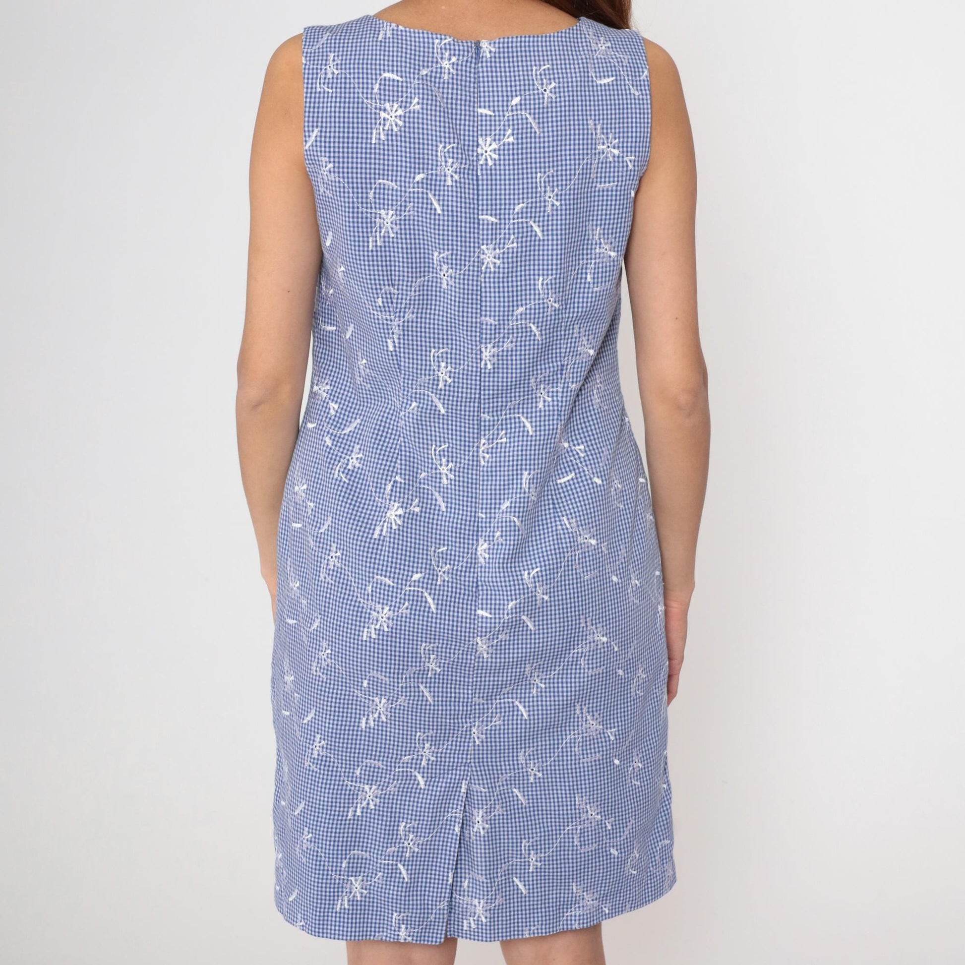 90s Blue Gingham Mini Dress Embroidered Floral Sleeveless Scoop Neck Medium M