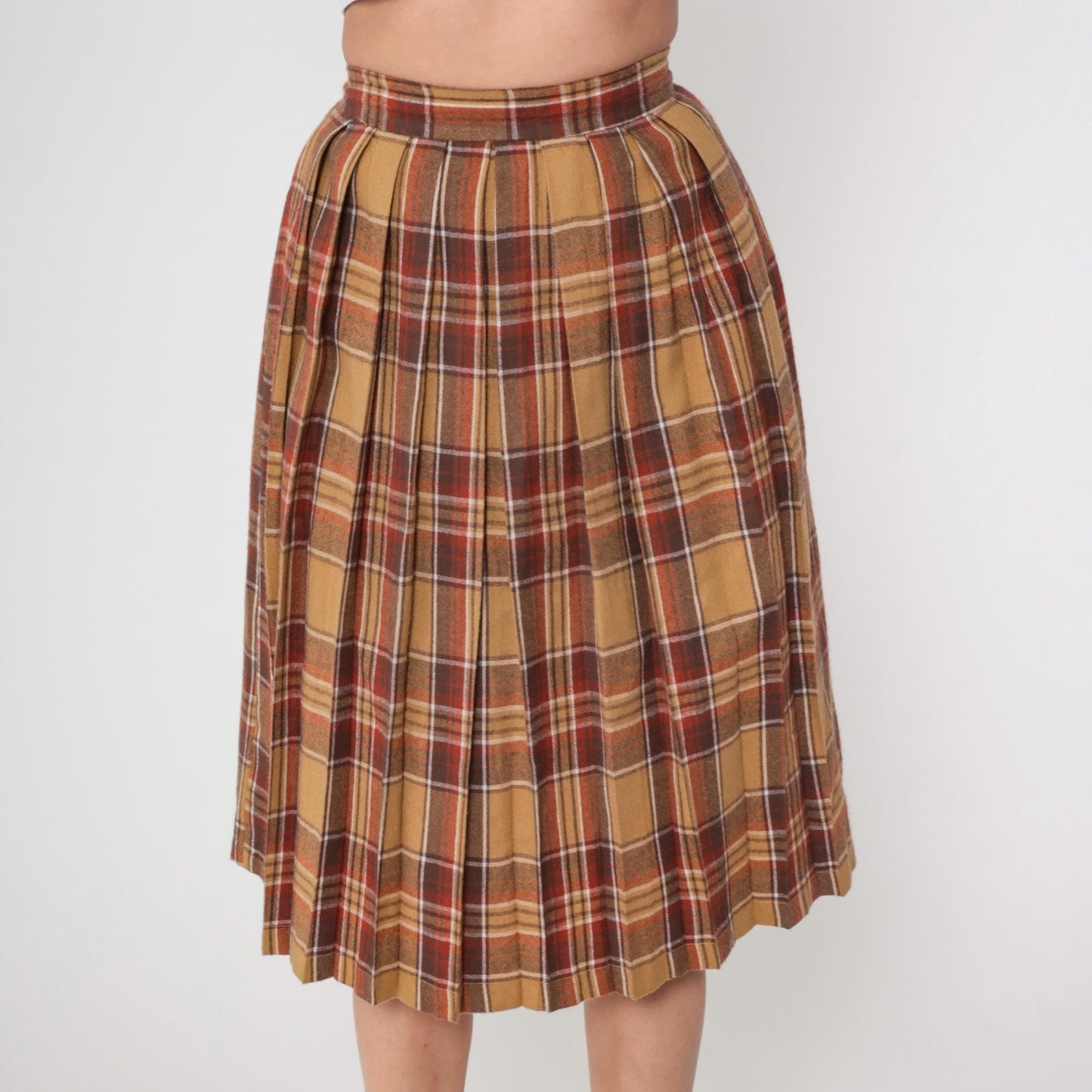 70s Plaid Wool Blend Midi Skirt High Waisted Tartan Brown Tan Small S