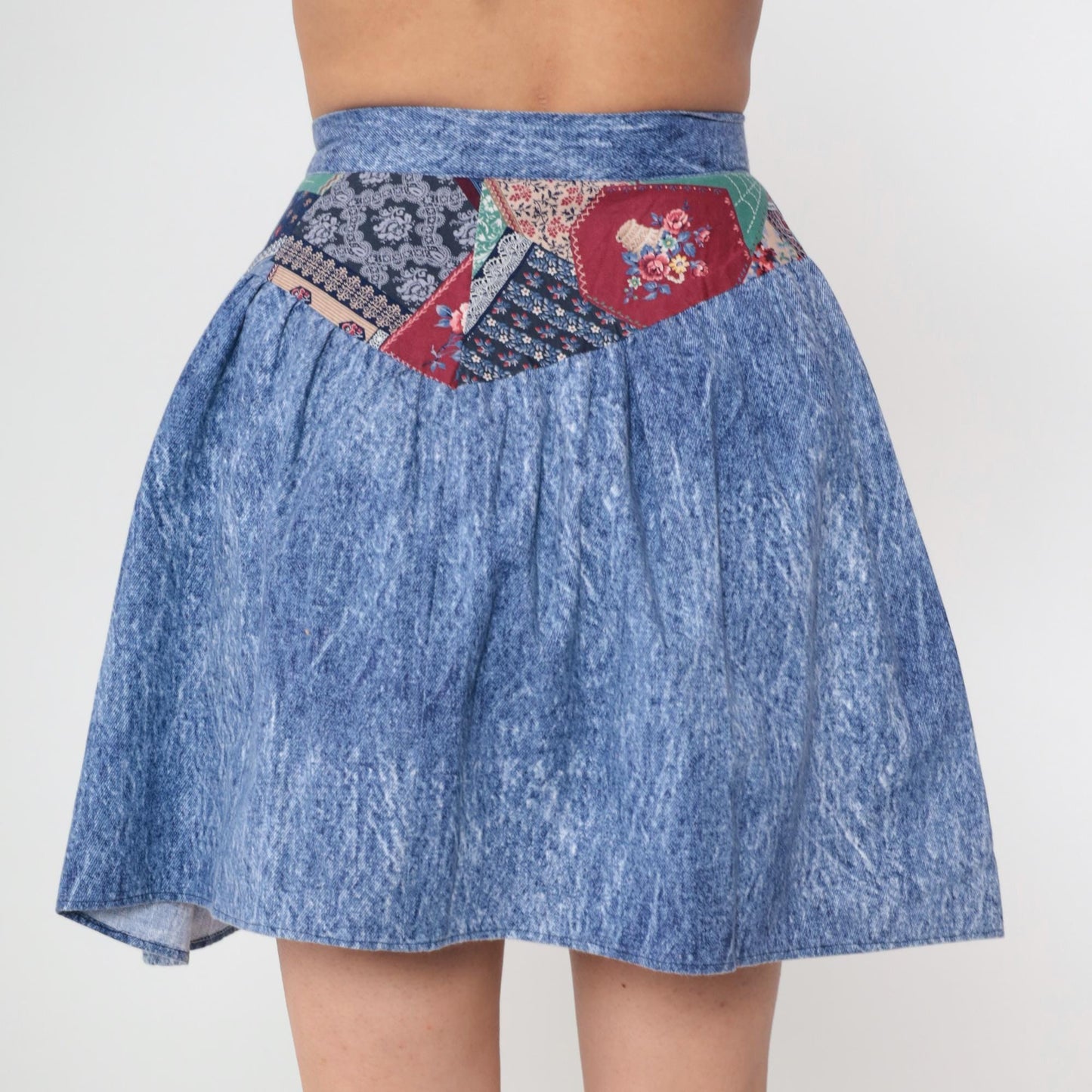 80s Acid Wash Denim Mini Skirt Patchwork High Waisted Circle Small S