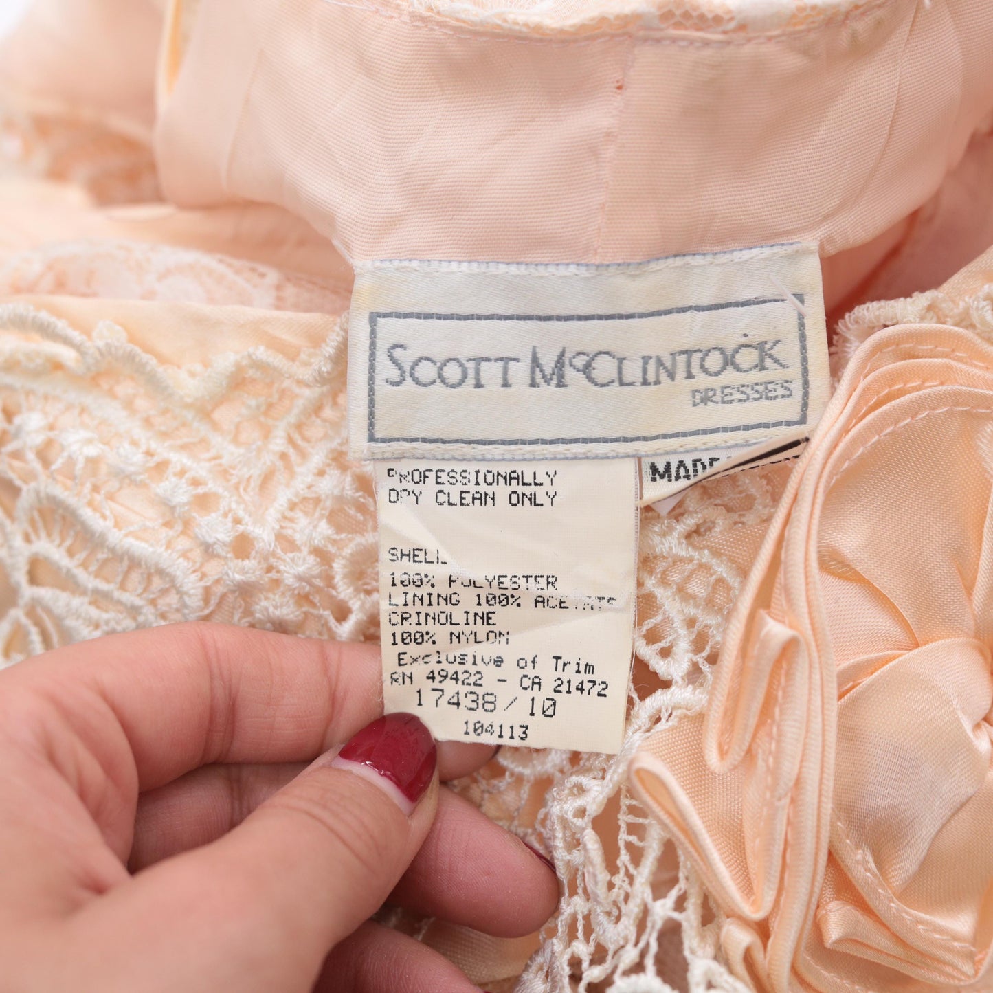 80s Scott McClintock Peach Lace Evening Gown Off-Shoulder Midi Small