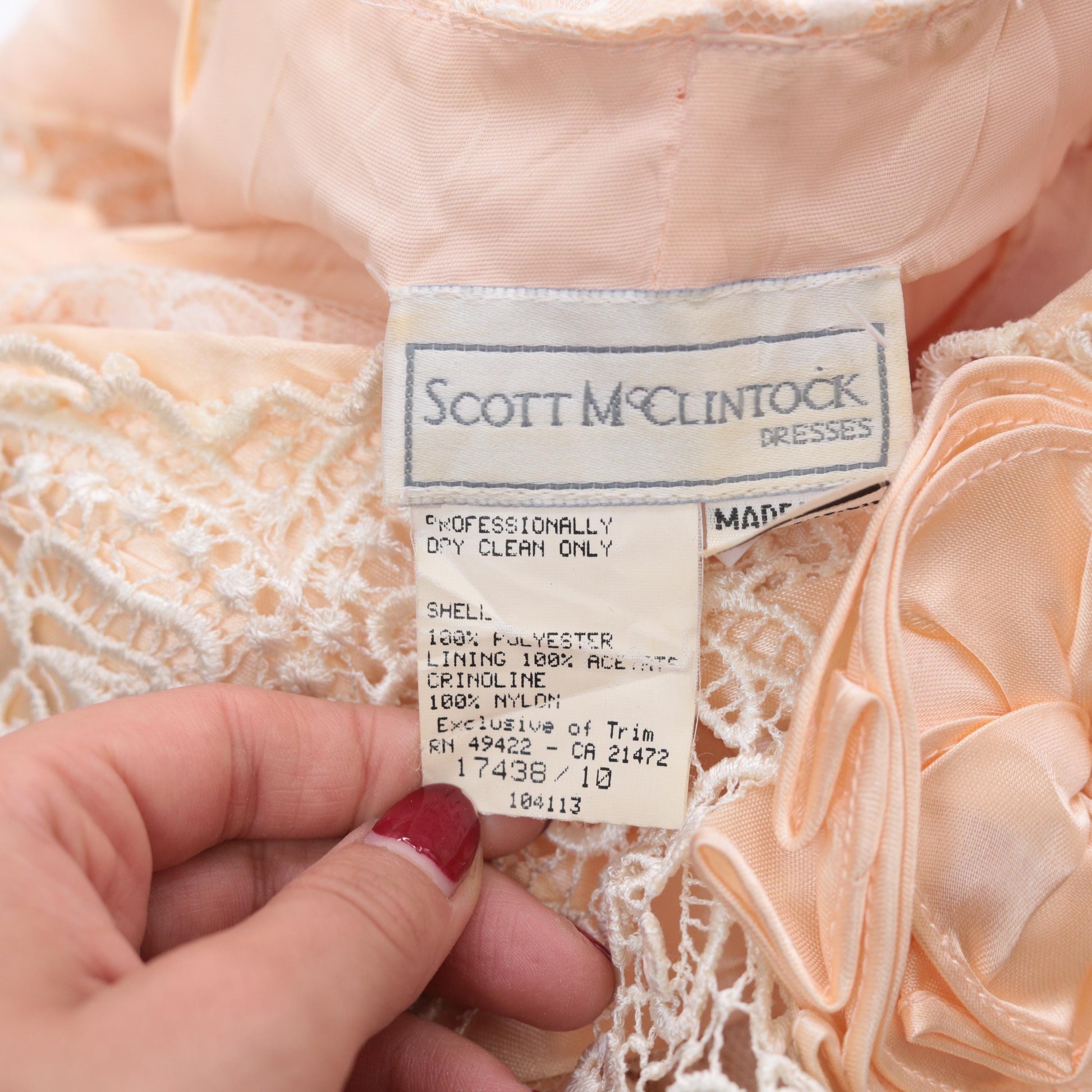 80s Scott McClintock Peach Lace Evening Gown Off-Shoulder Midi Small