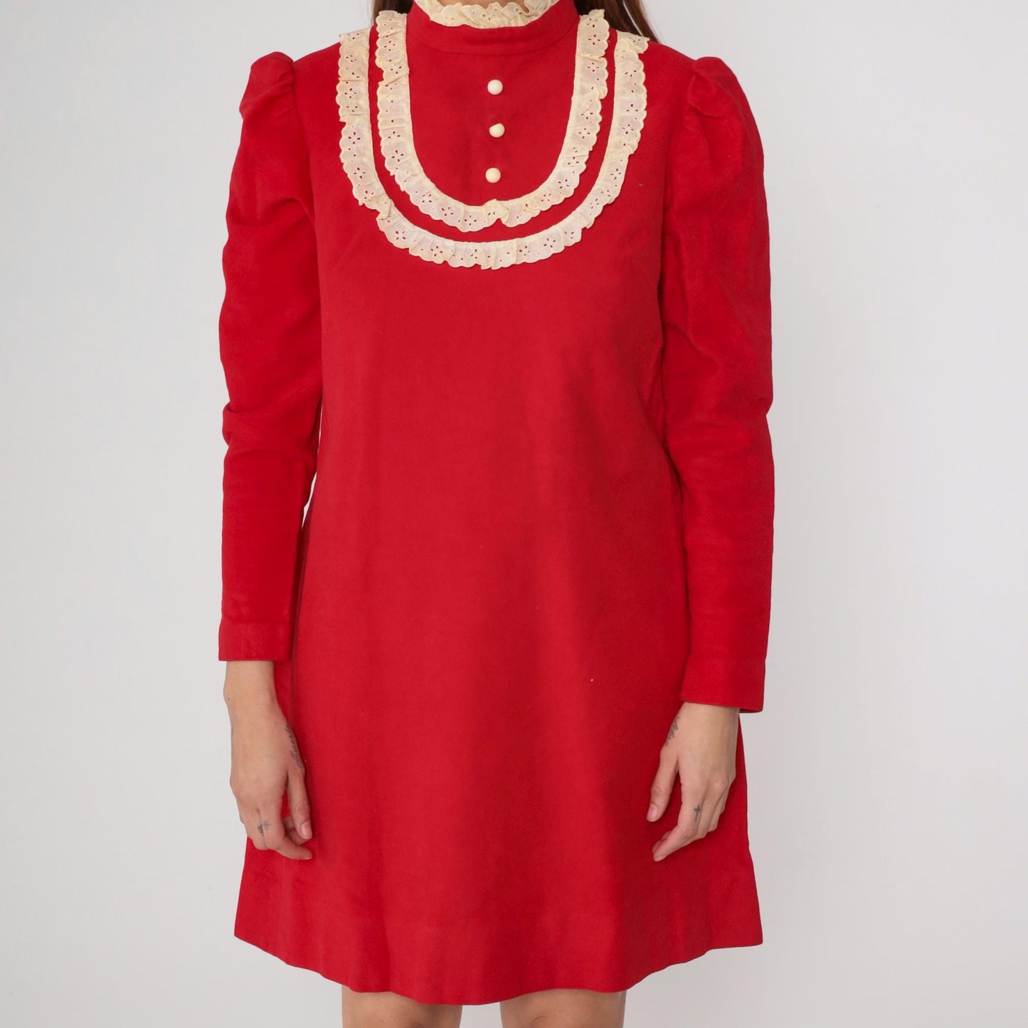 1960s Red Velour Mini Dress Eyelet Lace Puff Sleeve Small