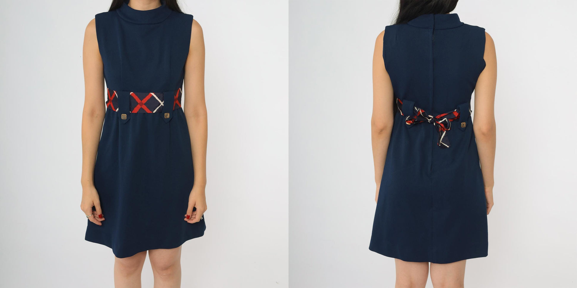 60s Navy Mock Neck Mini Dress Geometric Belt A-Line Sleeveless Extra Small