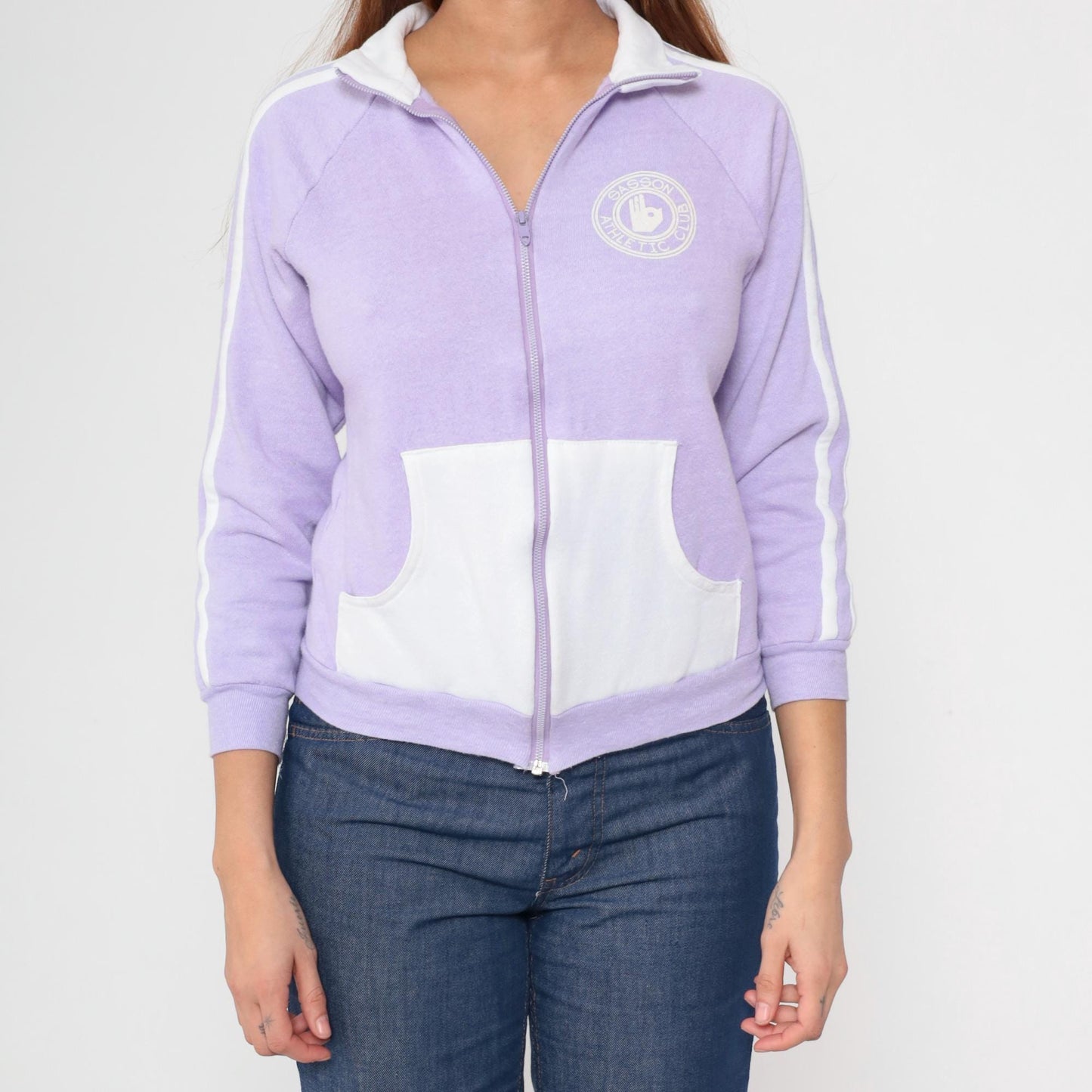 80s Sasson Lavender Track Jacket White Racing Stripe Zip Front Small