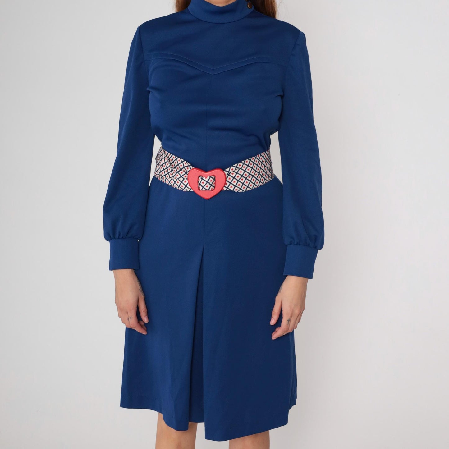 70s Navy Midi Dress Turtleneck Bishop Sleeve Western Yoke Heart Belt Medium