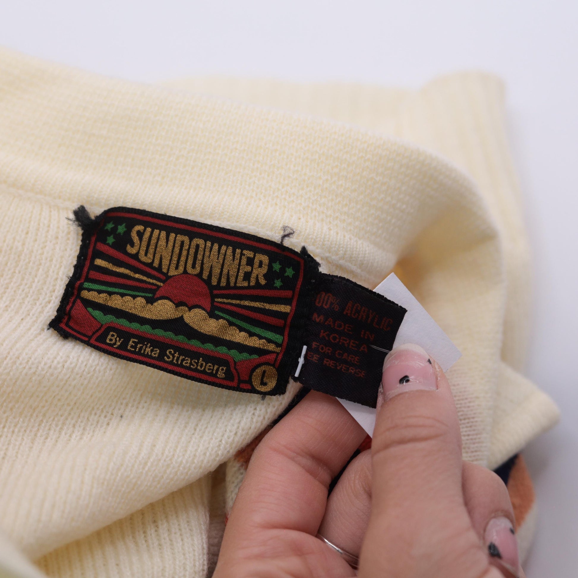 70s Sundowner Knit Polo Shirt Cream Orange Navy Striped Deck Chair Large