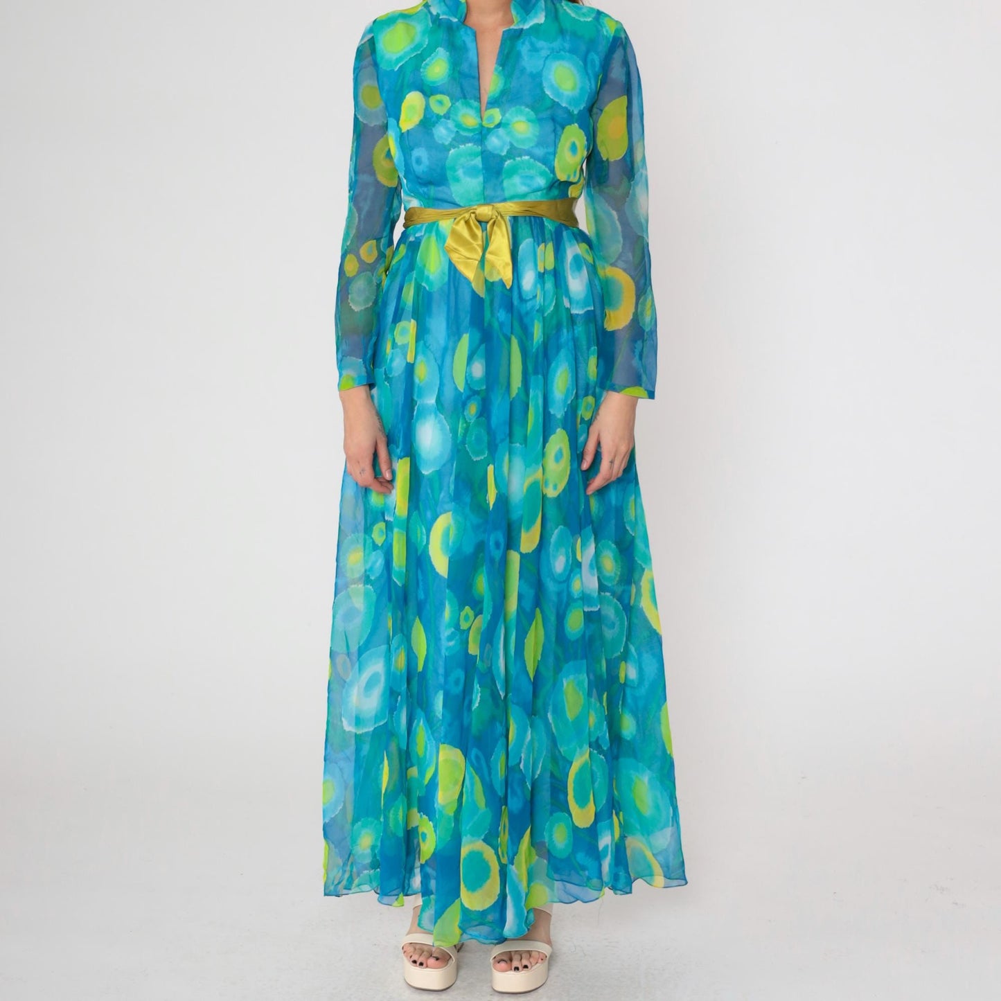 70s Maxi Dress Blue Green Psychedelic Print Sheer Collared Long Sleeve Medium
