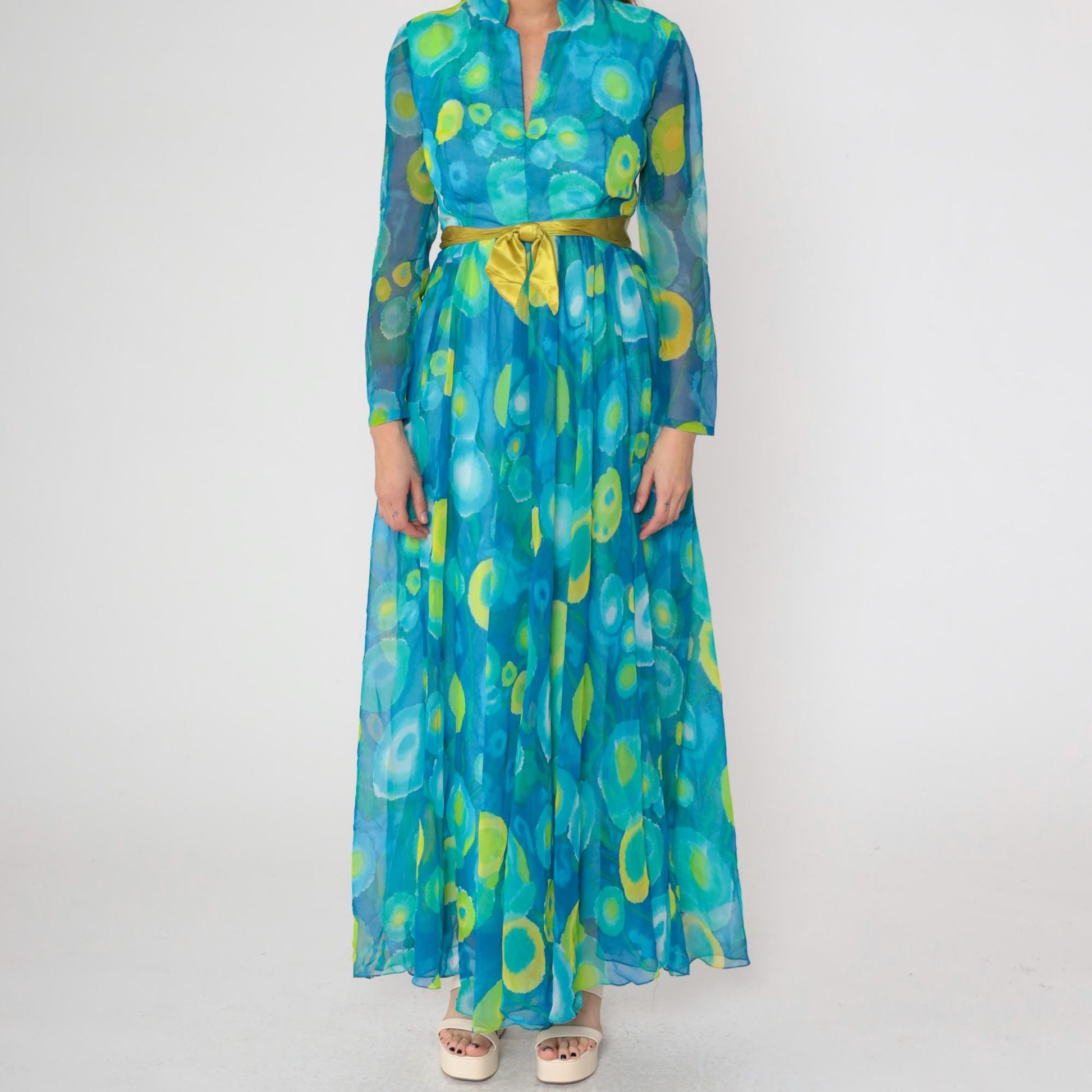 70s Maxi Dress Blue Green Psychedelic Print Sheer Collared Long Sleeve Medium
