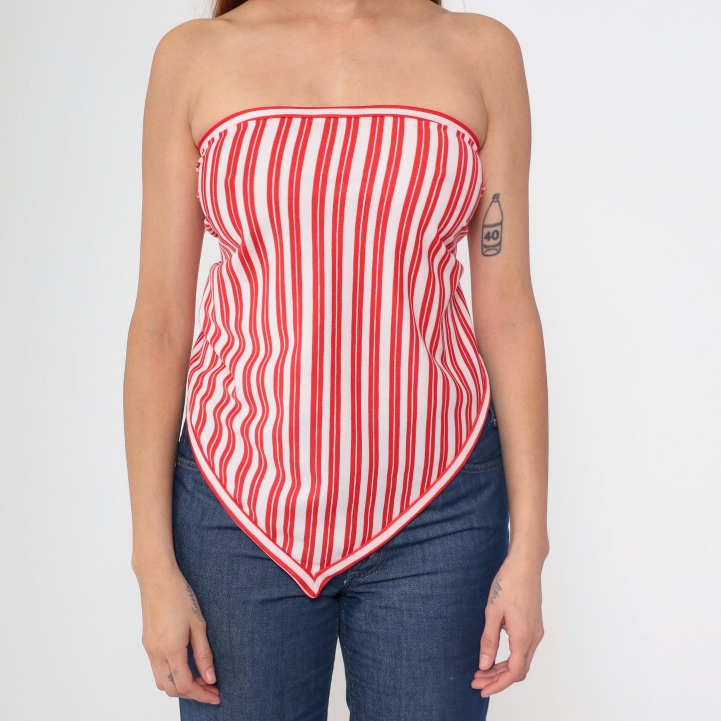 70s Red White Striped Bandana Halter Top Triangle Tie-Back One Size