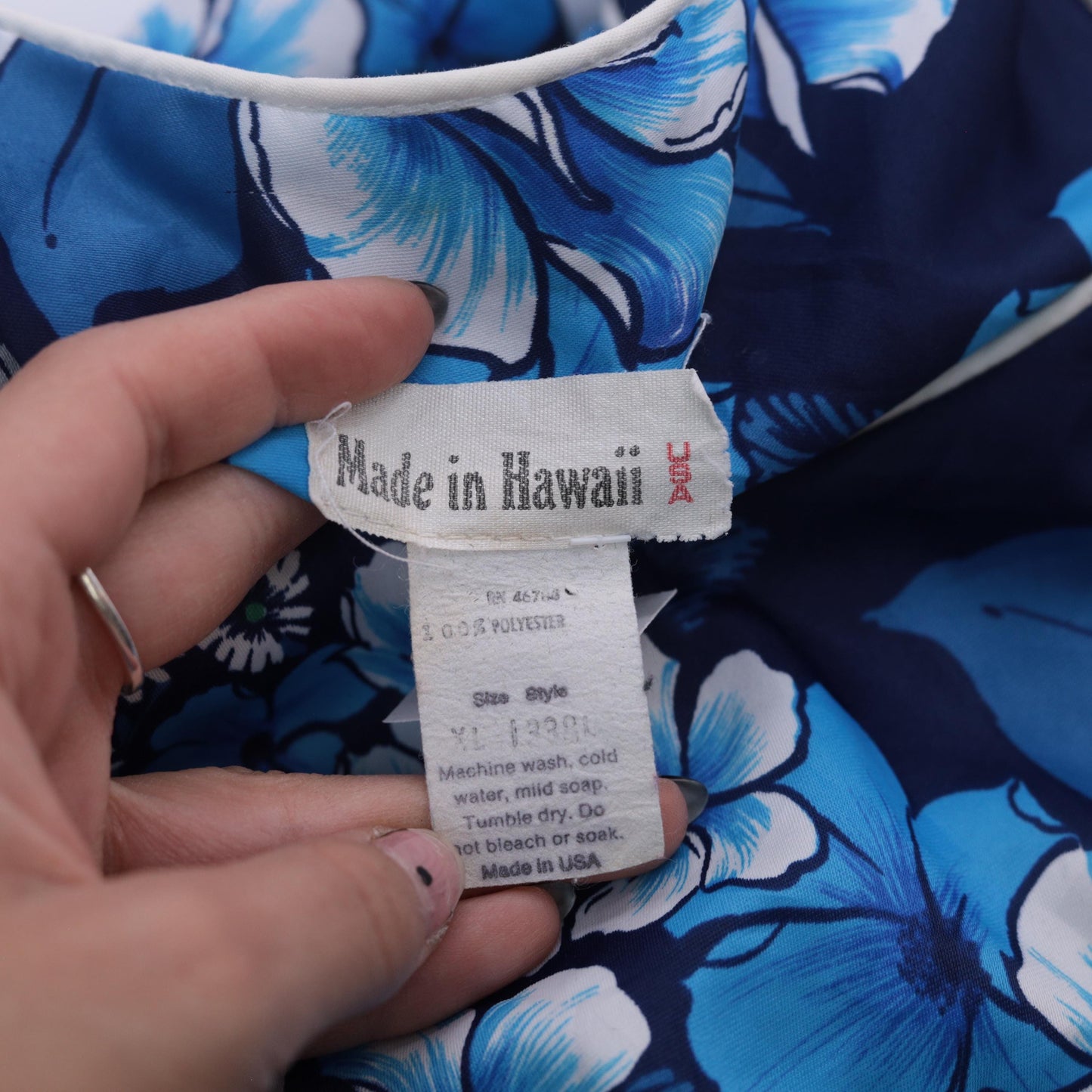 80s Hawaiian Navy Floral Dress Ruffle Hem Short Sleeve Pullover Extra Large XL